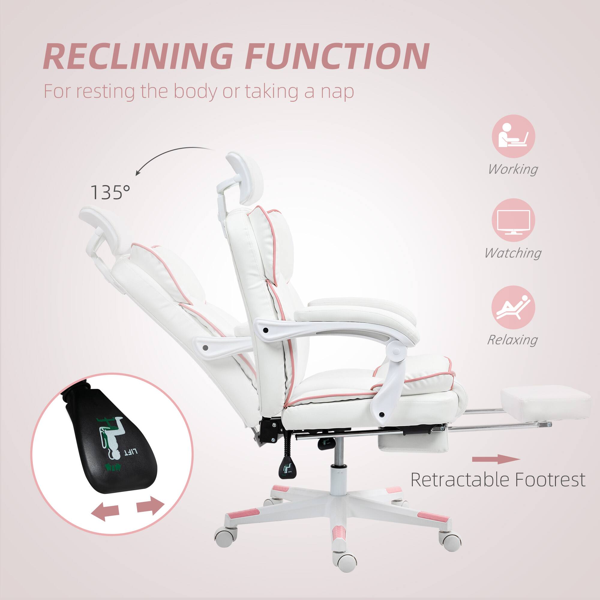 RECLINING FUNCTION For resting the body or taking a nap 135° Working Watching Relaxing Retractable Footrest LIFT W T