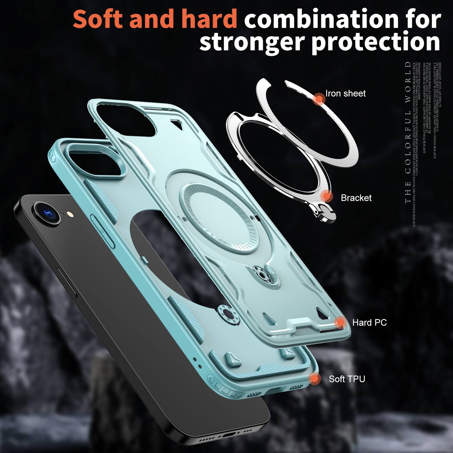 Soft and hard combination for stronger protection

Iron sheet
Bracket
Hard PC
Soft TPU