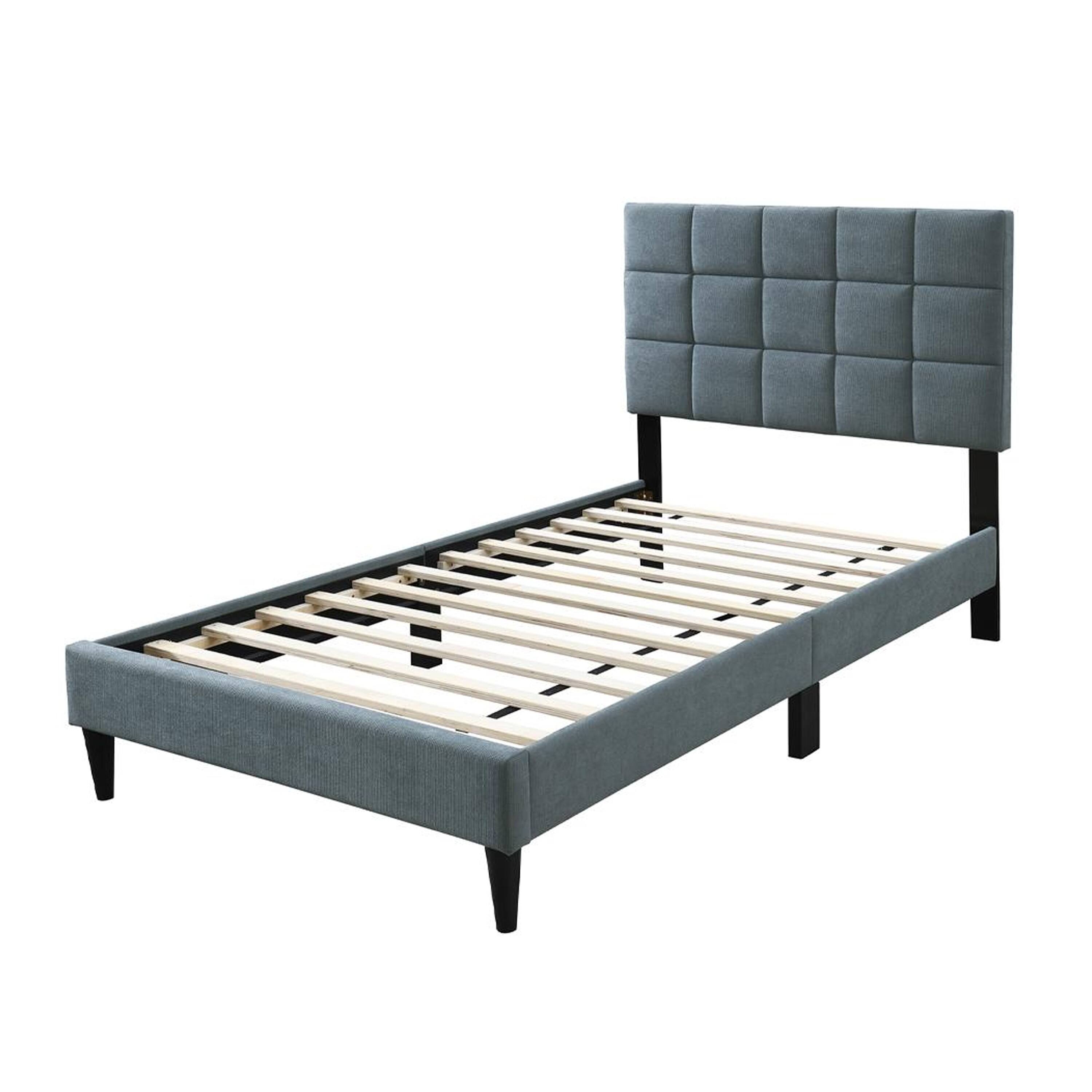 Angle. Manhattan Lane - Lilian Full Bed, Tufted Gray Linen Upholstery, Biscuit Tufted Stitch - Gray, Black.