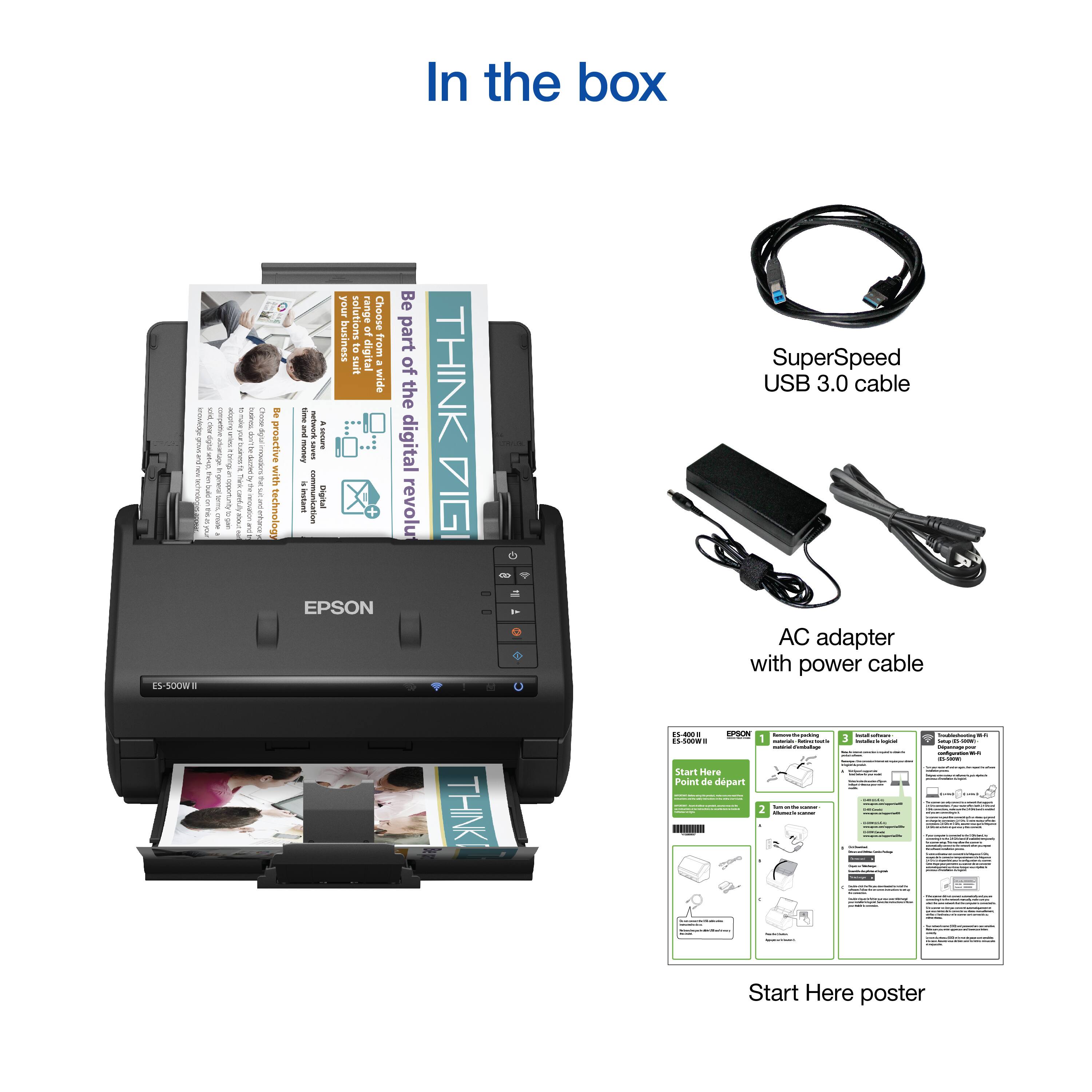 In the box, you will find:

1. Epson Think Tank with Trema I announcement
2. SuperSpeed USB 3.0 cable
3. EPSON AC adapter with power cable
4. Start Here poster

These items are designed to help you transition from analog to digital solutions.