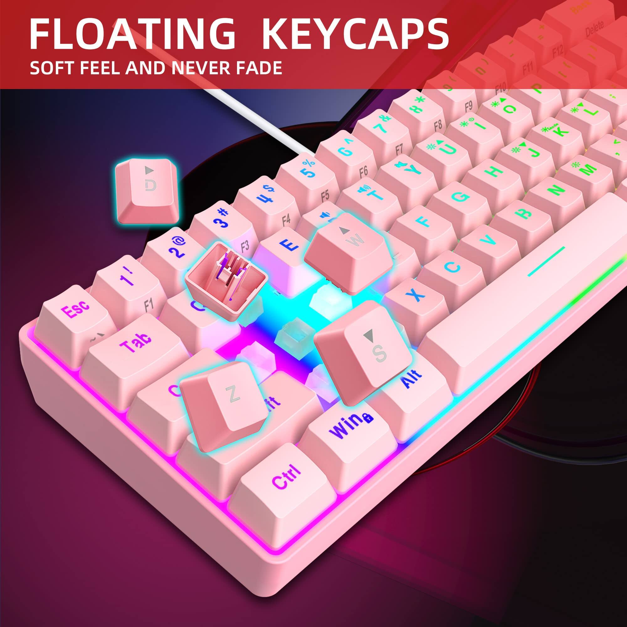 FLOATING KEYCAPS  
SOFT FEEL AND NEVER FADE  

Esc F1 F2 F3 F4 F5 F6 F7 F8 F9 F10 F11 F12  
Tab Z X C V B N M , . /  
Caps Lock Shift Win Alt Ctrl  
1 2 3 4 5 6 7 8 9 0 - =  
Q W E R T Y U I O P [ ] \  
A S D F G H J K L ; '  
Z X C V B N M , . /  
Shift Spacebar