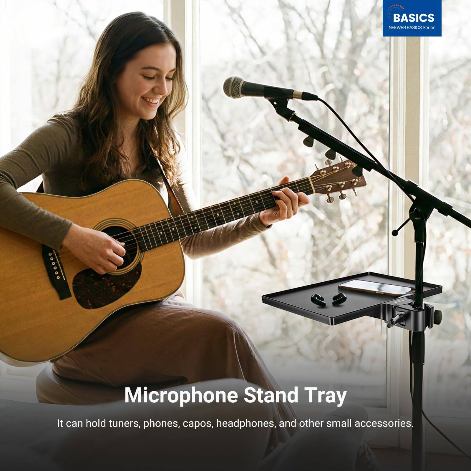 BASICS NEWEER BASICS Series .... Microphone Stand Tray

It can hold tuners, phones, capos, headphones, and other small accessories.