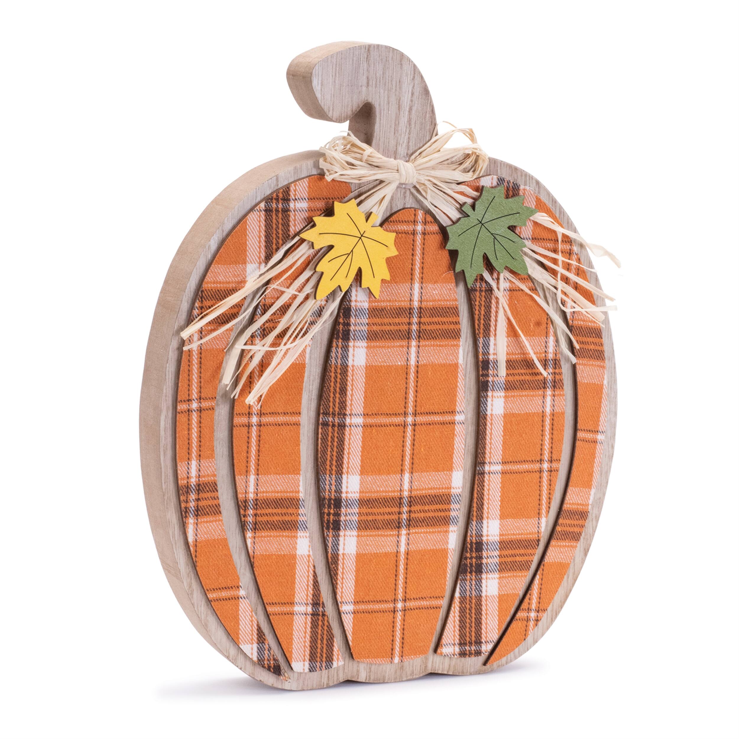 Angle. BreeBe - Harvest Plaid Pumpkin Decor (Set of 2) - Orange, Brown.