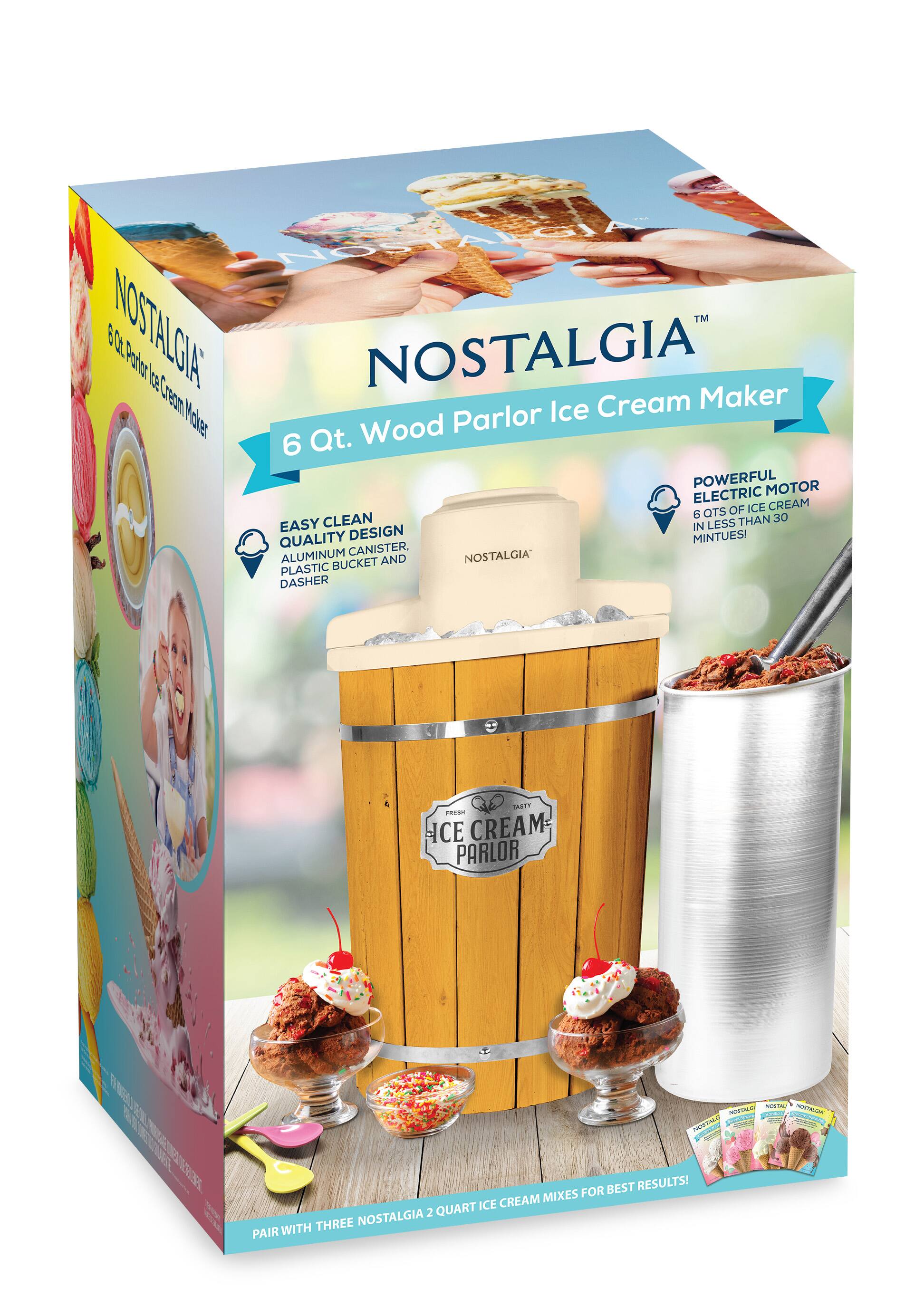Nostalgia™ 6 Qt. Wood Parlor Ice Cream Maker

- Easy Clean Quality Design
- Aluminum Canister, Plastic Bucket, and Dasher
- Powerful Electric Motor
- 6 Qts. of Ice Cream in Less Than 30 Minutes!
- Pair with Three Nostalgia 2 Quart Ice Cream Mixes for Best Results!

Ice Cream Parlor