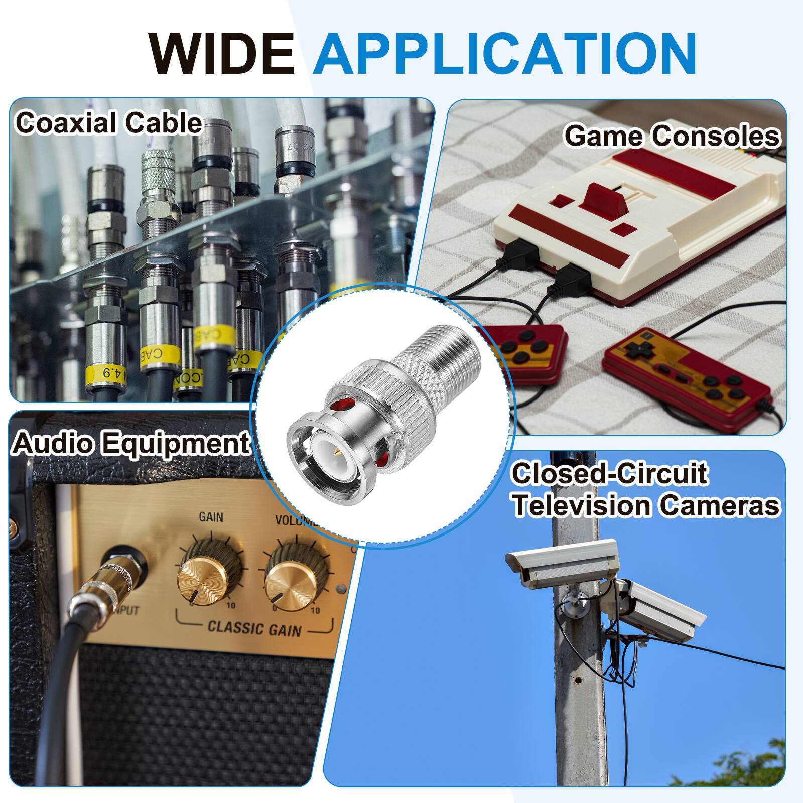 WIDE APPLICATION

Coaxial Cable  
Game Consoles  
Audio Equipment  
Closed-Circuit Television Cameras