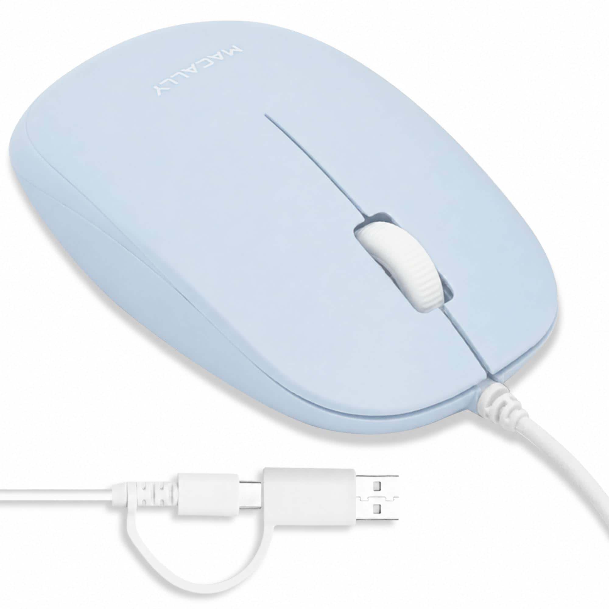 Macally - Wired Mouse for Mac and PC - Dual USB C + A Plug - Simple Ambidextrous 3 Button USB Mouse Wired - Wired - Blue