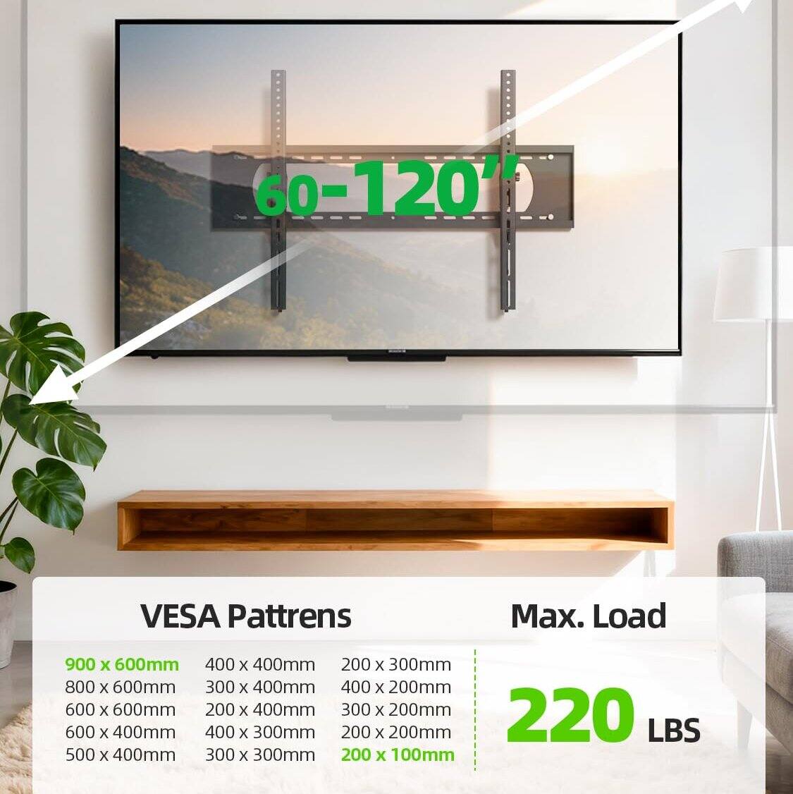 60-120" VESA Patterns  
Max. Load: 220 LBS  
900 x 600mm  
800 x 600mm  
600 x 600mm  
600 x 400mm  
500 x 400mm  
400 x 400mm  
300 x 400mm  
400 x 200mm  
300 x 200mm  
200 x 300mm  
400 x 300mm  
200 x 400mm  
300 x 300mm  
200 x 100mm