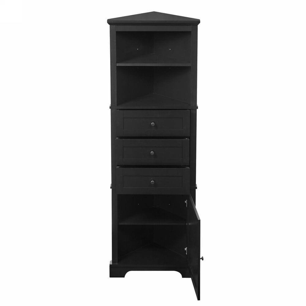 Left. Kadyn - Black Triangle Tall Cabinet with 3 Drawers and Adjustable Shelves for Bathroom, Kitchen or Living Room, MDF Board - Black.