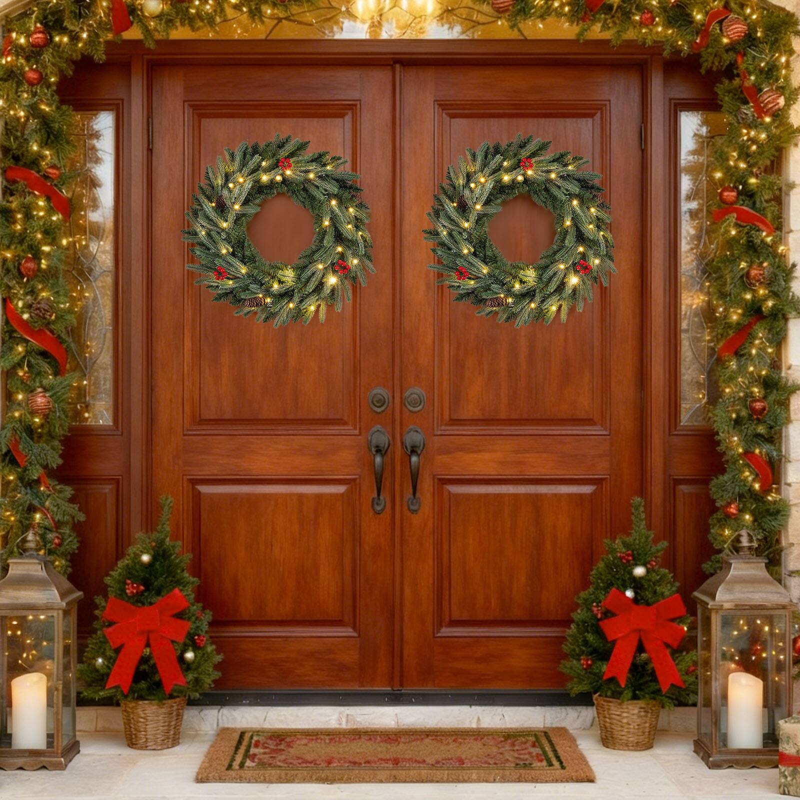 Alt View 2. Costway - Costway 2 PCS 24" Pre-lit Christmas Wreath Front Door Artificial Xmas Wreath with Red Berries Advent Calendar - Green.