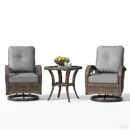 U-HOMY - Outdoor Swivel Rocking Chair Set with Glass Table - Gray