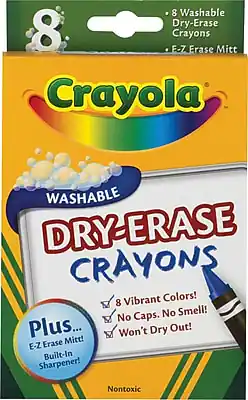 8 Washable Dry-Erase Crayons
E-Z Erase Mitt
Crayola
WASHABLE DRY-ERASE CRAYONS
8 Vibrant Colors!
No Caps. No Smell!
Won't Dry Out!
Plus...
E-Z Erase Mitt!
Built-In Sharpener!
Nontoxic