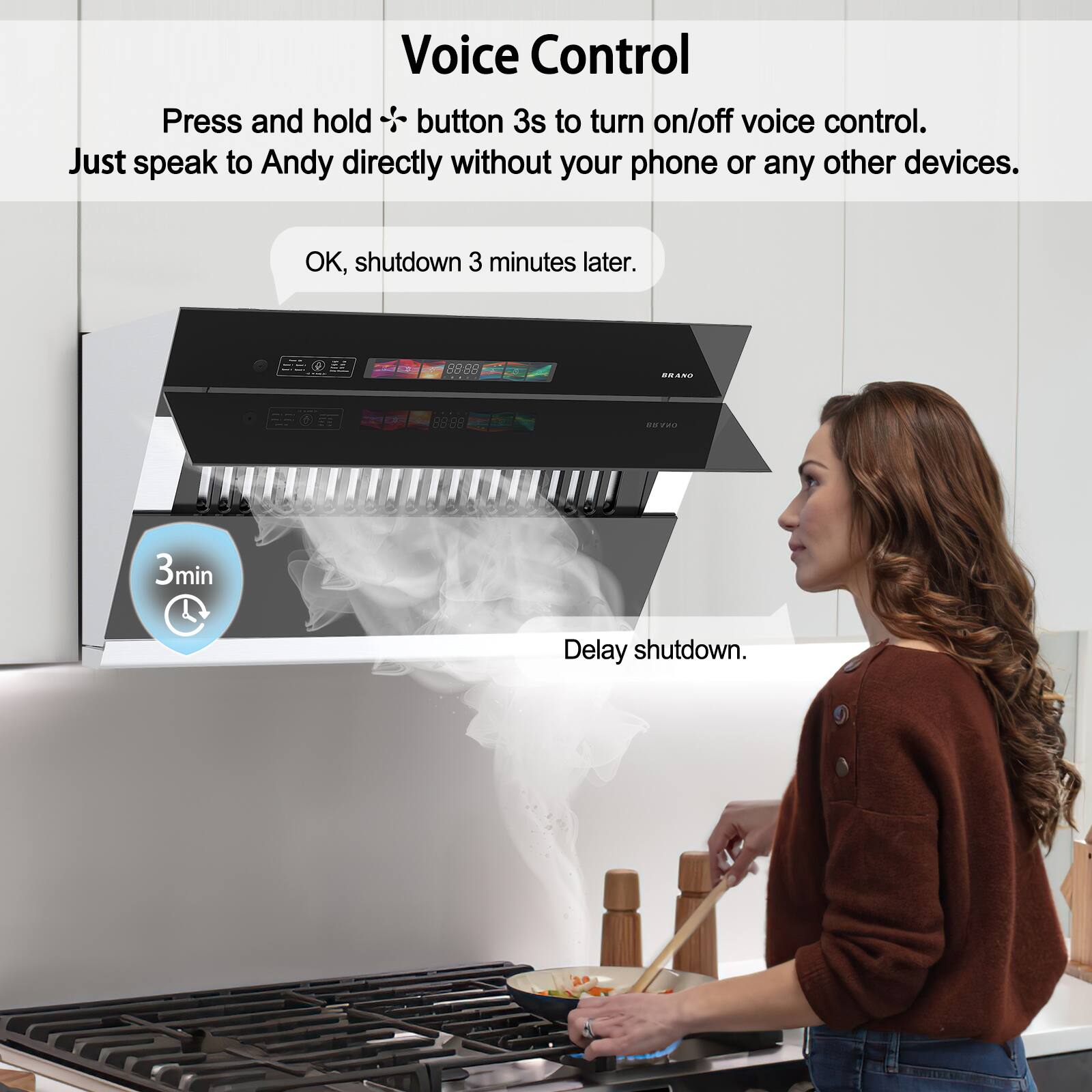 Voice Control  
Press and hold the button for 3 seconds to turn on/off voice control. Just speak to Andy directly without your phone or any other devices.  
OK, shutdown 3 minutes later.  
88:88 aA 88:88 - ra 3min Delay shutdown.