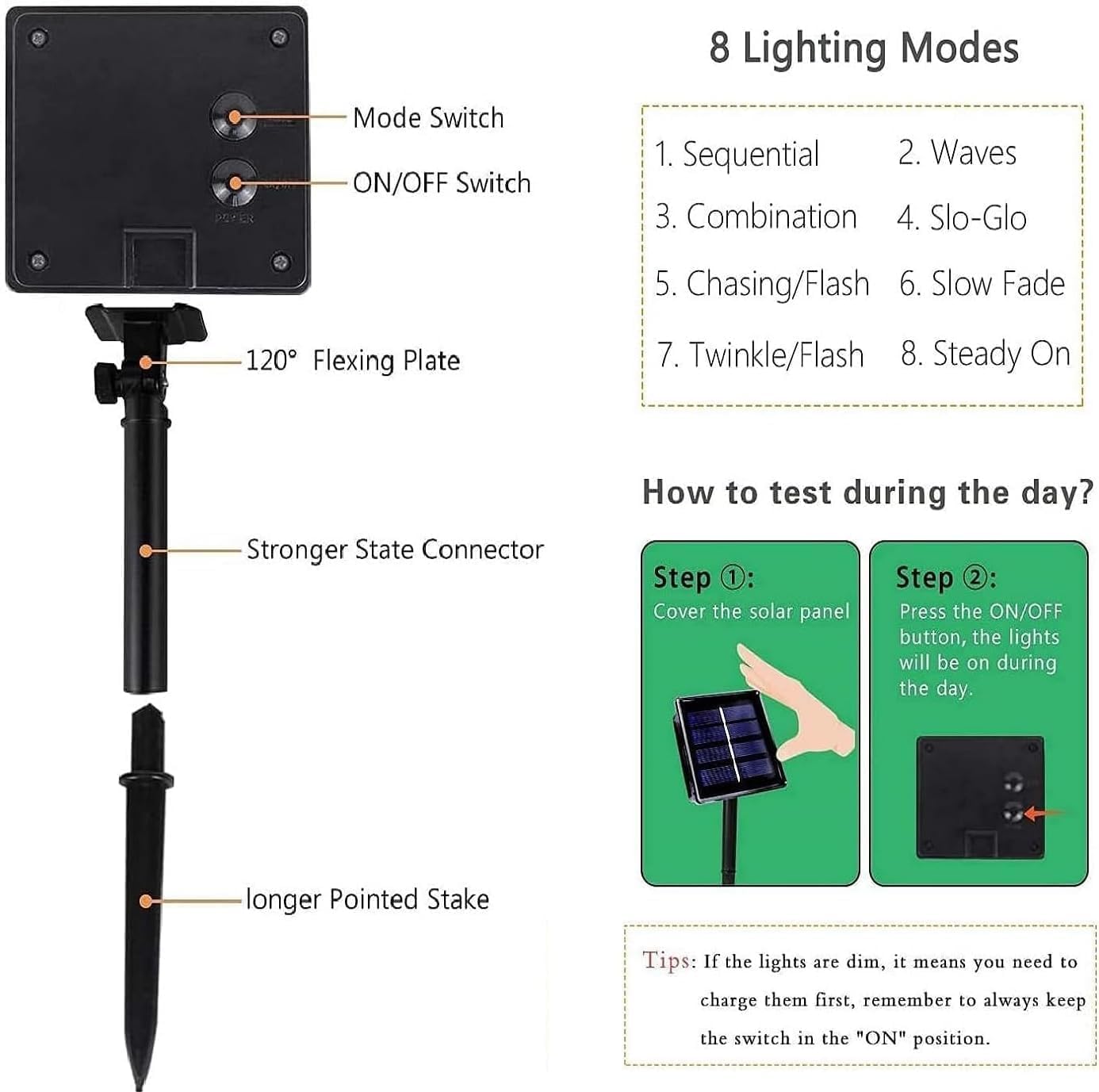 8 Lighting Modes  
1. Sequential  
2. Waves  
3. Combination  
4. Slo-Glo  
5. Chasing/Flash  
6. Slow Fade  
7. Twinkle/Flash  
8. Steady On  

How to test during the day?  
Step 1: Cover the solar panel  
Step 2: Press the ON/OFF button, the lights will be on during the day.  

Tips: If the lights are dim, it means you need to charge them first, remember to always keep the switch in the "ON" position.  

Mode Switch  
ON/OFF Switch  
120° Flexing Plate  
Stronger State Connector  
longer Pointed Stake