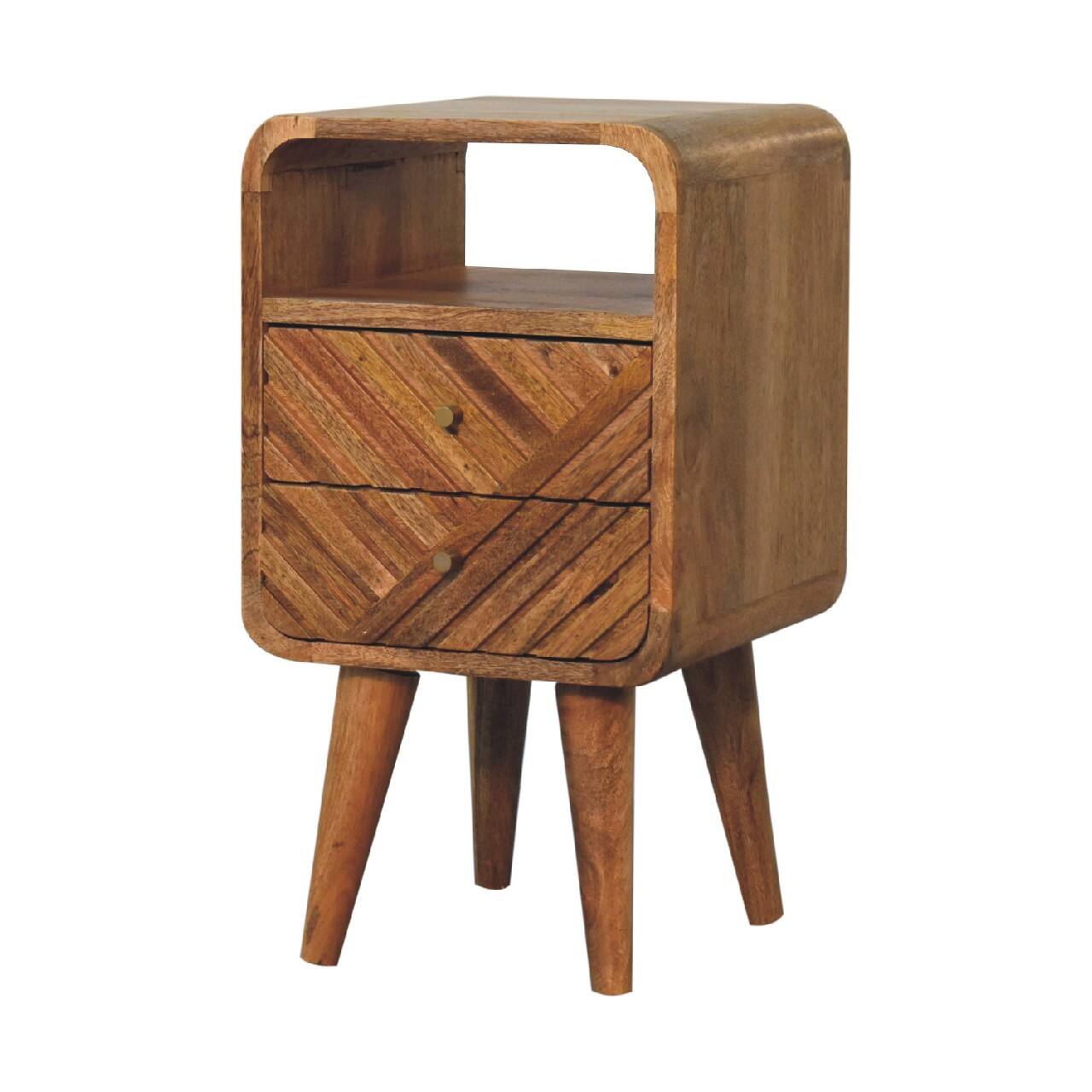 Angle. Artisan Furniture - Artisan Furniture Solid Wood Mini Lille Curved Nightstand, 2 Drawers, 1 Open-slot, Nordic legs, Light Brown - Oak.