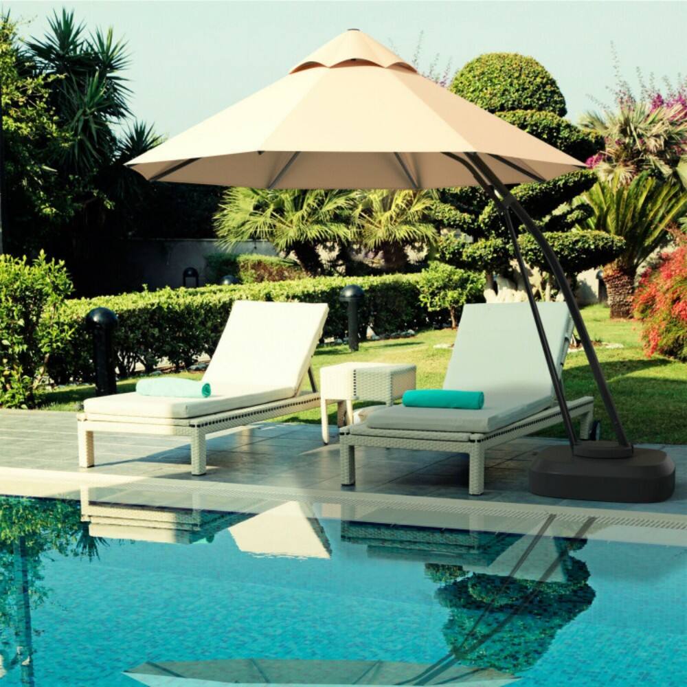 Angle. Mondawe - 11 Feet Outdoor Cantilever Hanging Umbrella with Base and Wheels - Beige.