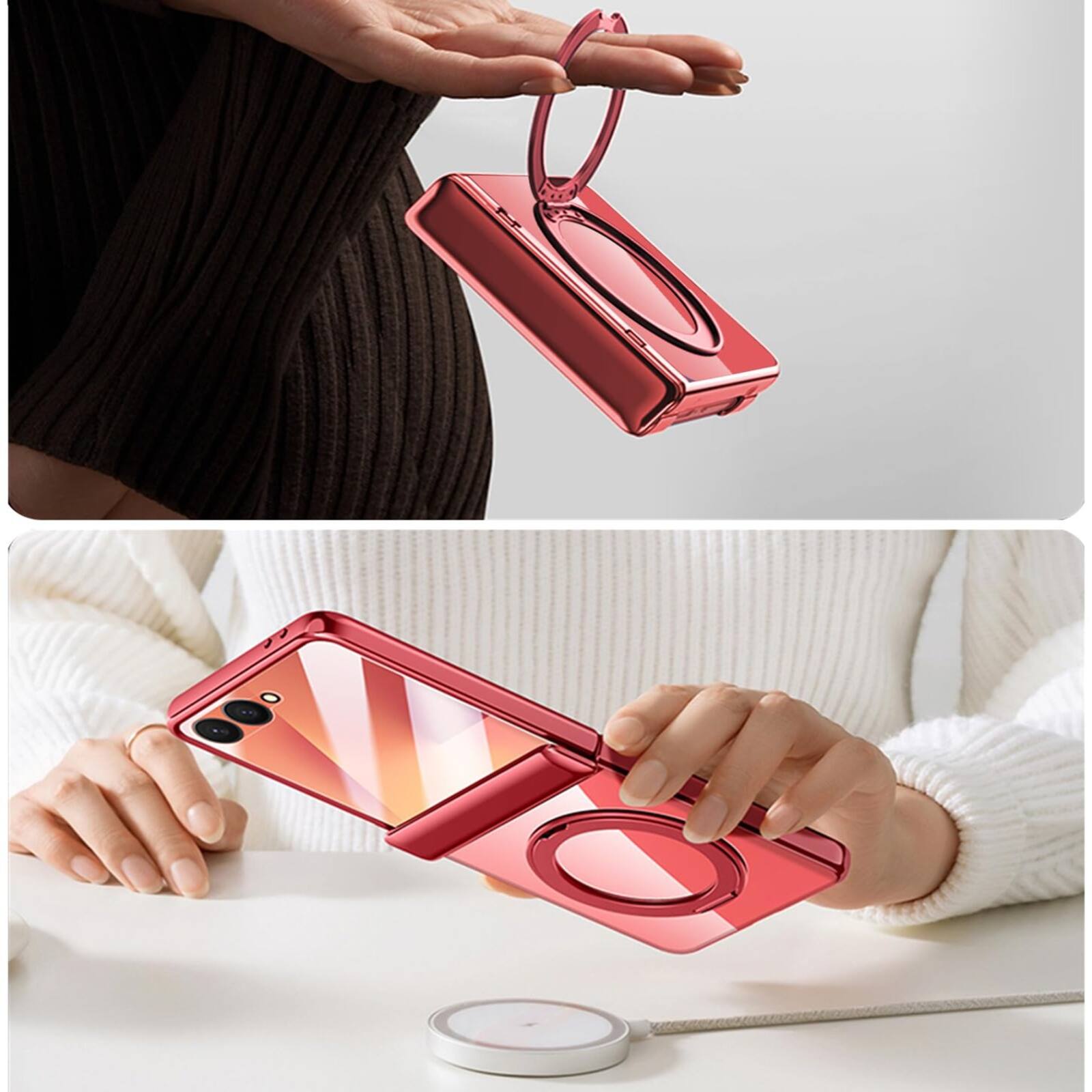 Alt View 1. Dteck - For Samsung Galaxy Z Flip8 Clear Rugged Case Built-in Screen Protector,360° Ring Kickstand Hinge Protection Cover - Red.