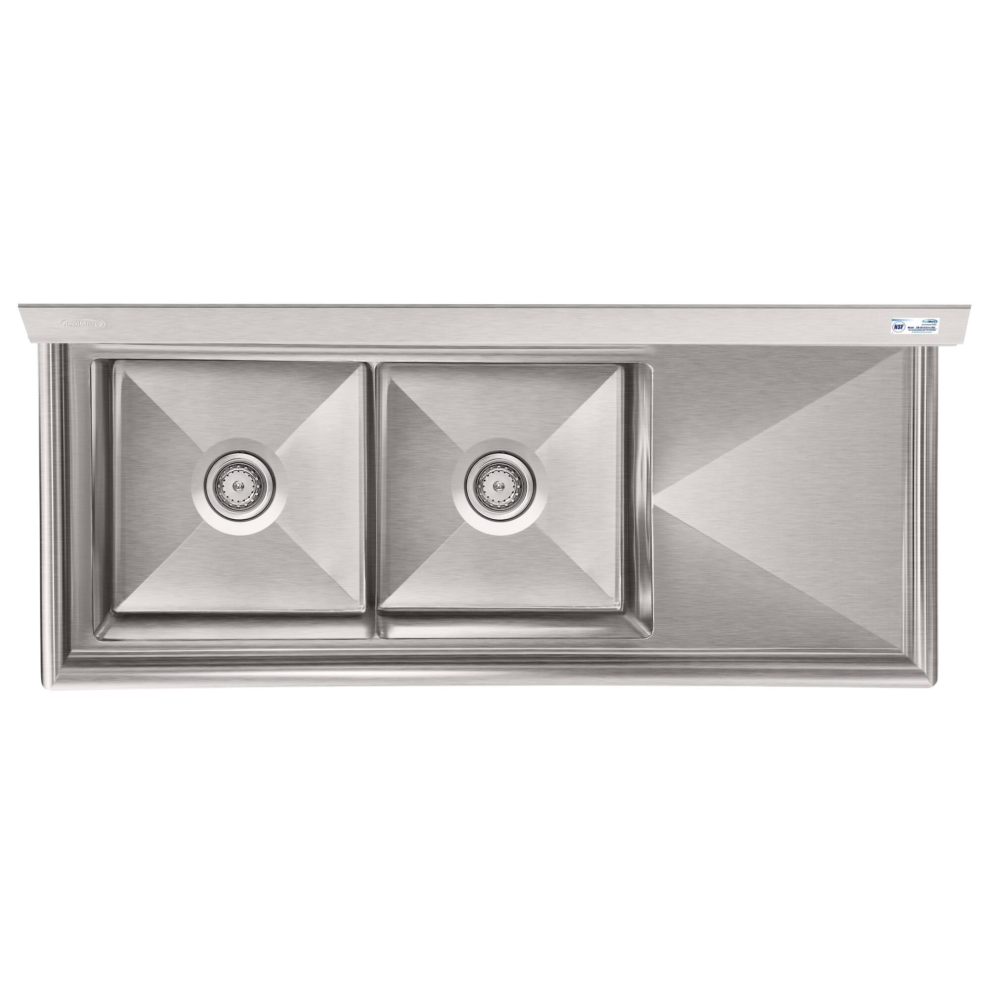 Alt View 2. Koolmore - 57 in. 18-Gauge 2-Compartment  Sink with Backsplash and 18 in. Right Drainboard, Bowl Dimensions 18"x18"x14" - Stainless Steel.