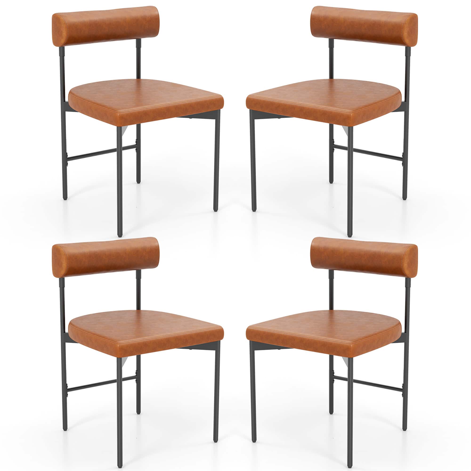 Gymax - Dining Chair Set of 4 Faux Leather Upholstered Kitchen Side Chair w/ Curved - Brown