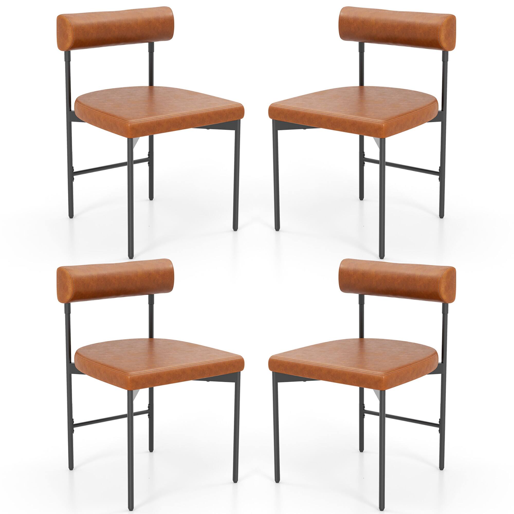 Gymax - Dining Chair Set of 4 Faux Leather Upholstered Kitchen Side Chair w/ Curved - Brown