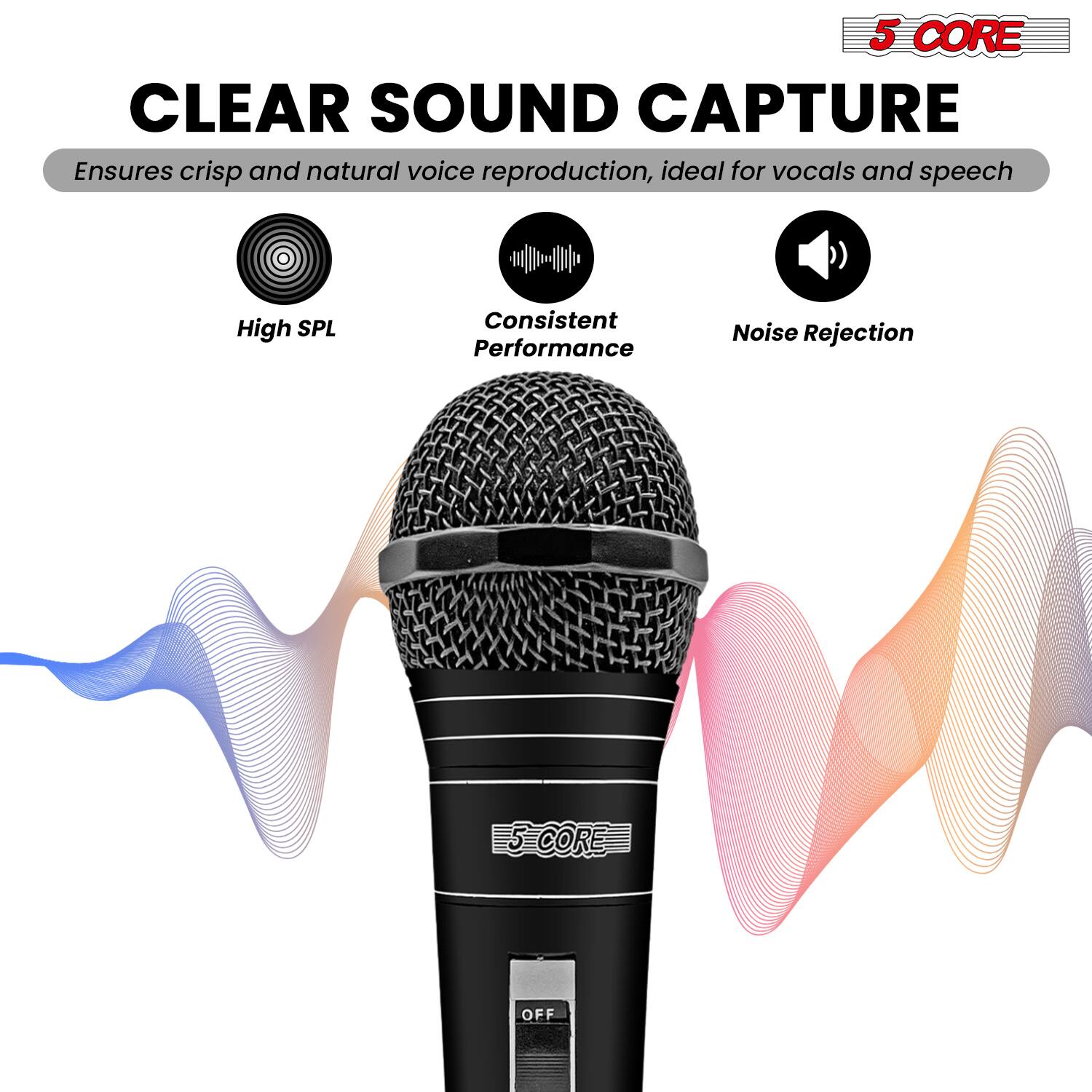 5 CORE CLEAR SOUND CAPTURE  
Ensures crisp and natural voice reproduction, ideal for vocals and speech  

- High SPL  
- Consistent Performance  
- Noise Rejection  

5 CORE OFF