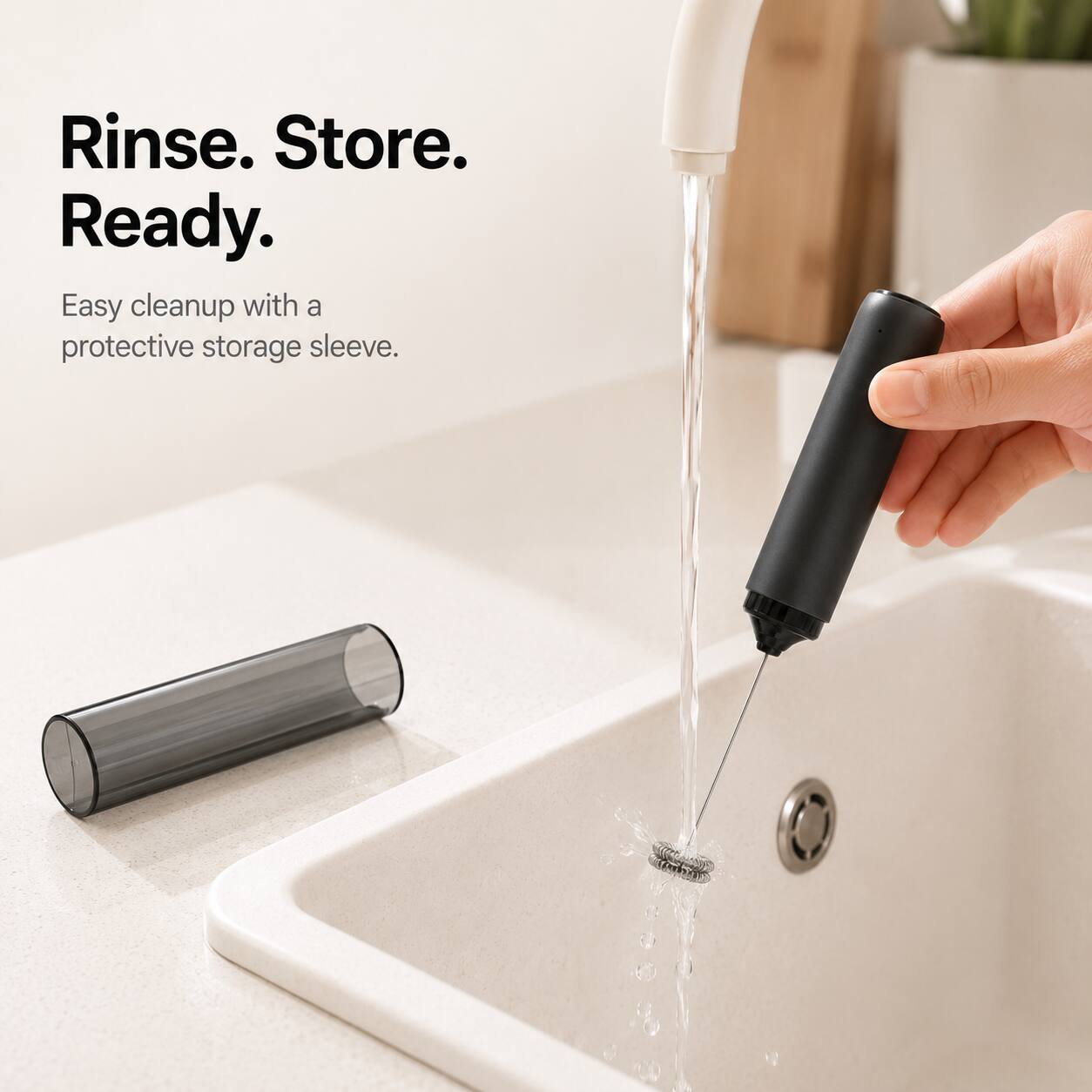 Rinse. Store. Ready.  
Easy cleanup with a protective storage sleeve.