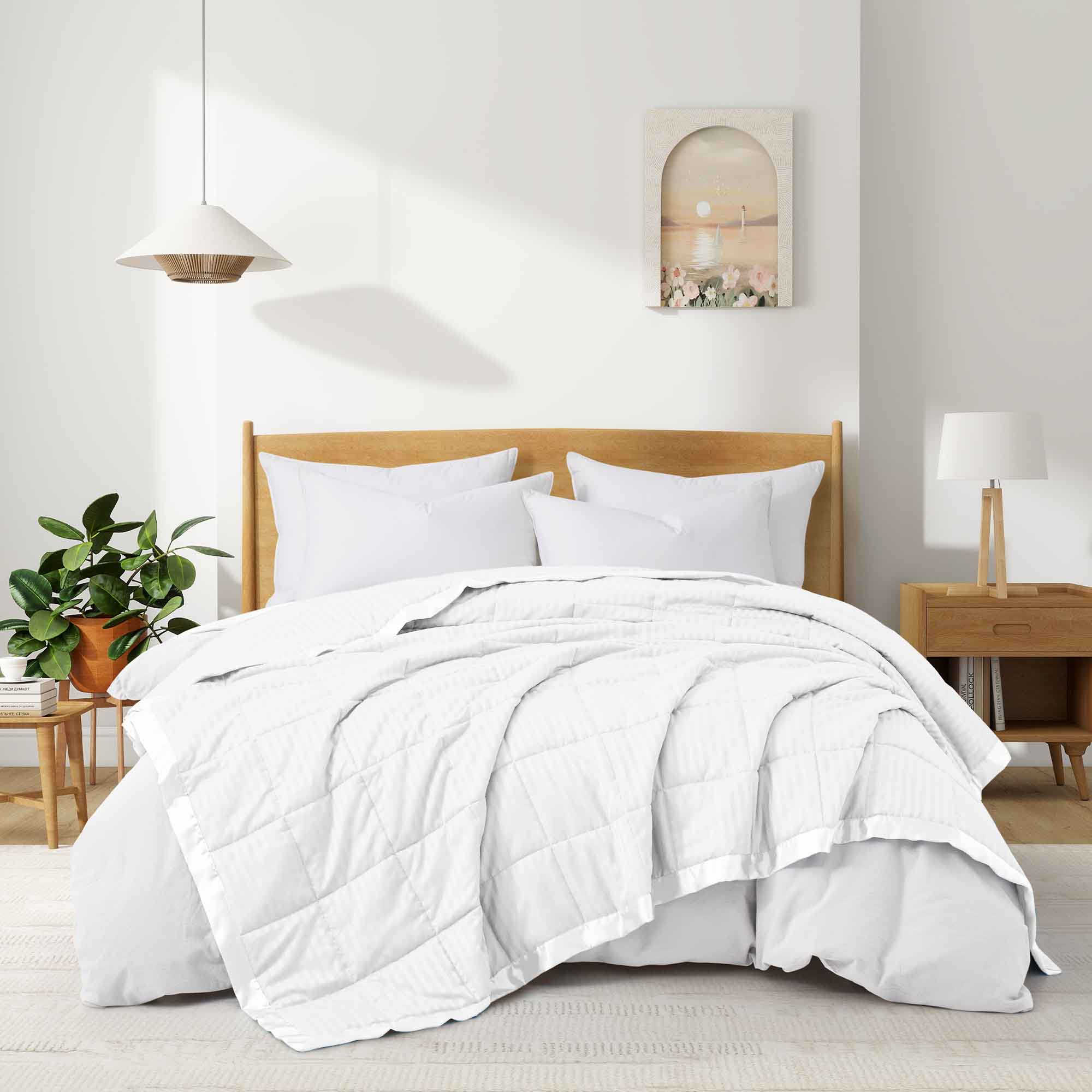 Peace Nest Hotel Quality Luxury All Season Jacquard Soft Bed Blanket with Satin Trim Cozy and Warm - White