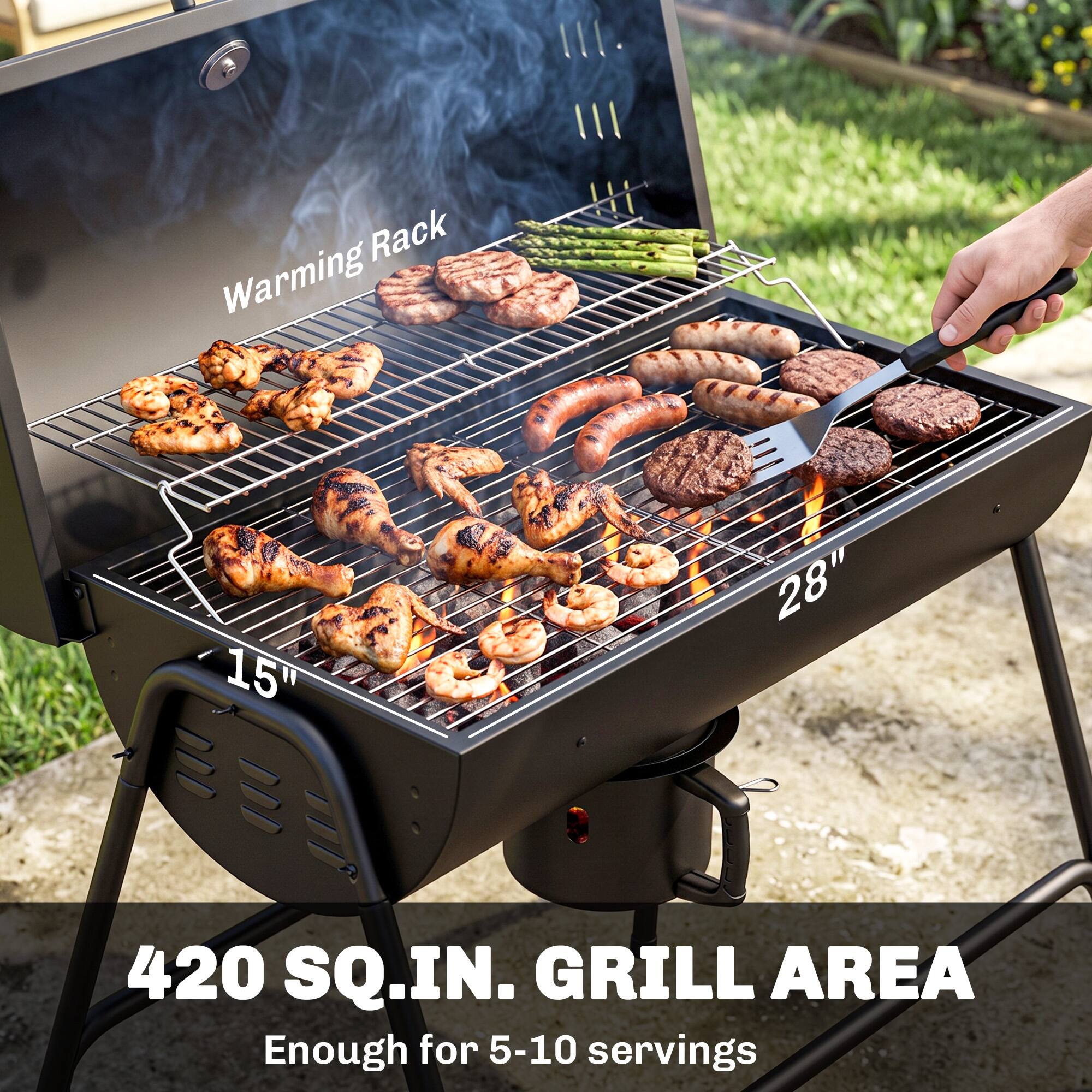 Rack Warming  
15"  
28"  
420 SQ.IN. GRILL AREA  
Enough for 5-10 servings