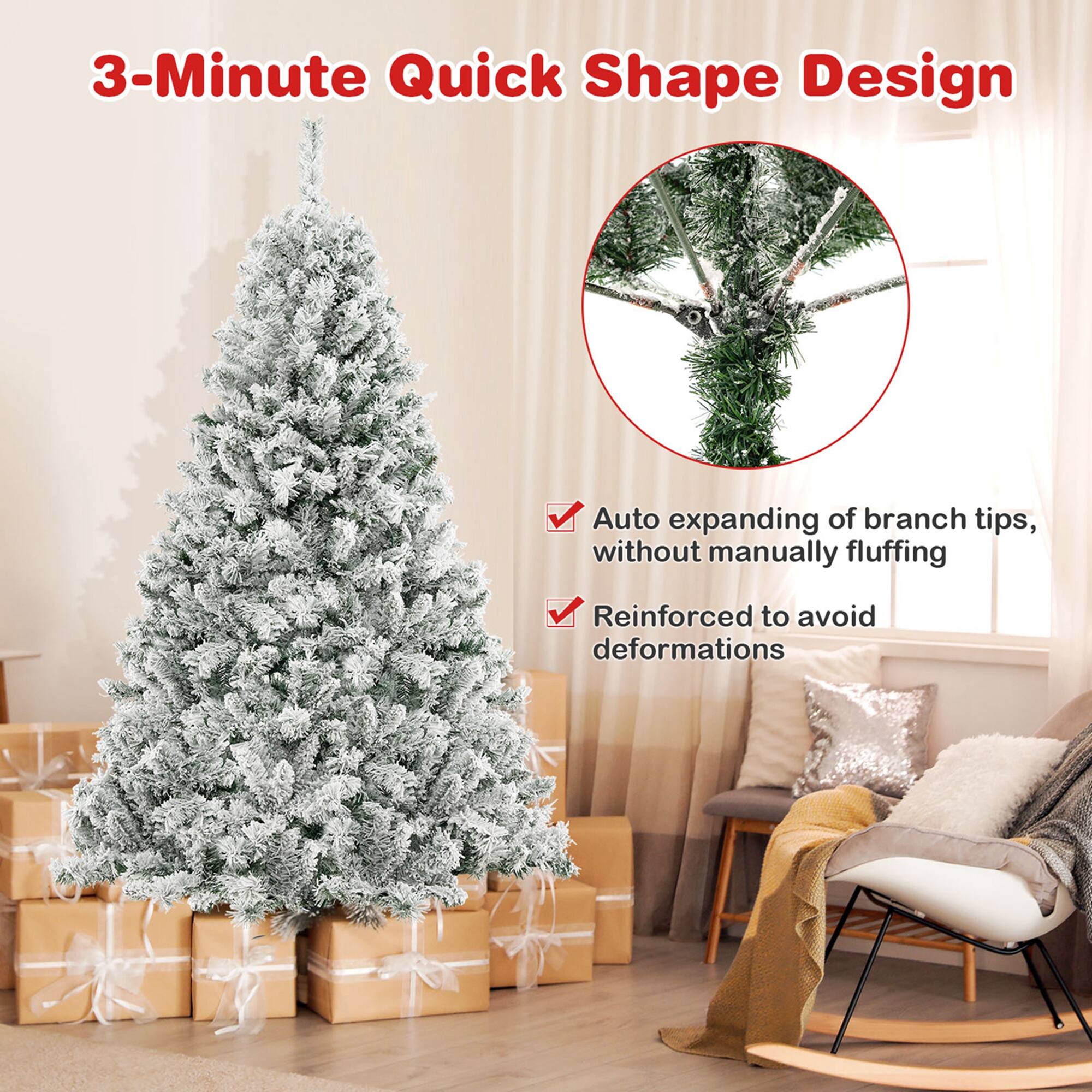 The text on the image reads: "3-Minute Quick Shape Design Auto expanding of branch tips, without manually fluffing Reinforced to avoid deformations."