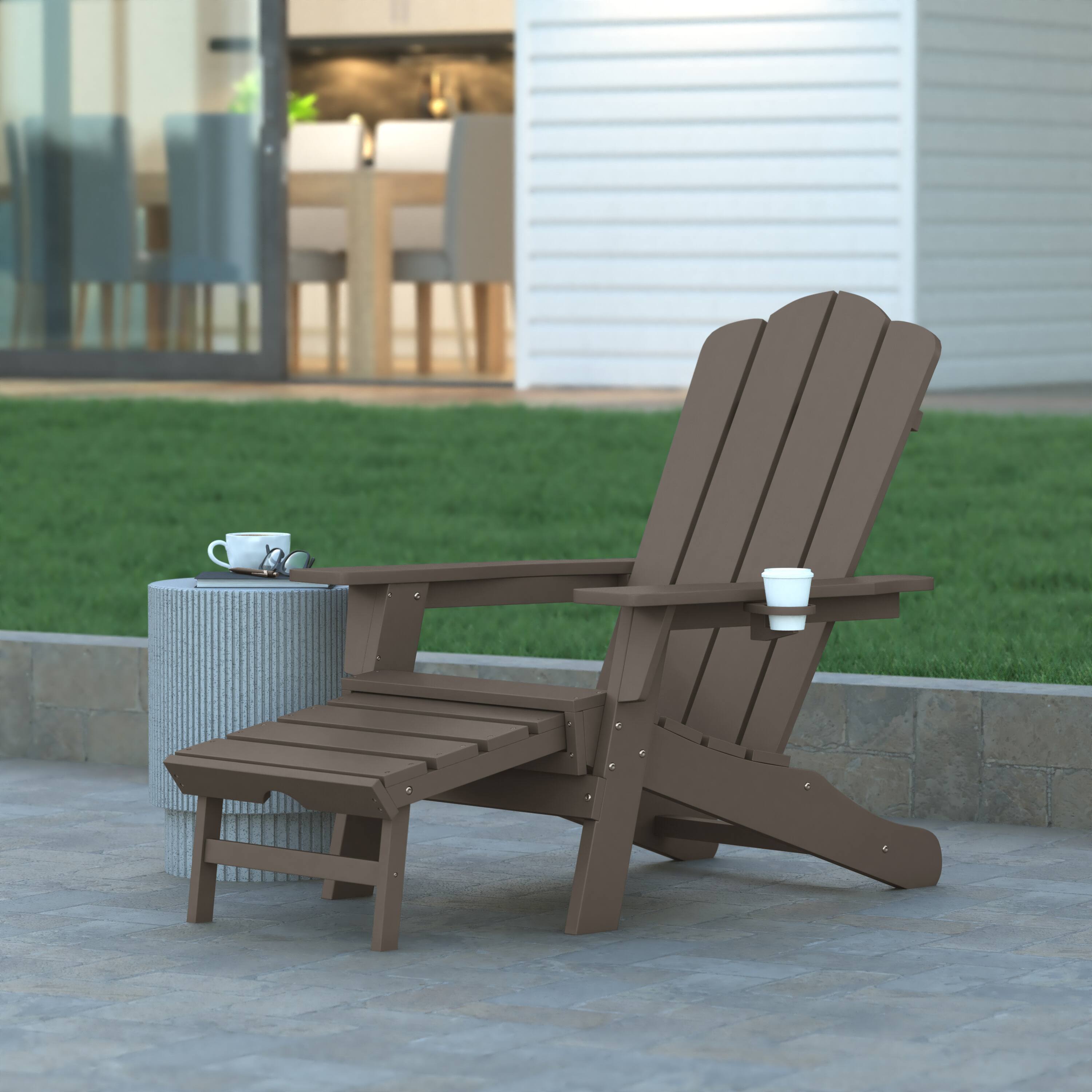 Alt View 1. Emma + Oliver - Tiverton Adirondack Chair with Cup Holder and Pull Out Ottoman, All-Weather HDPE Indoor/Outdoor Lounge Chair - Brown.
