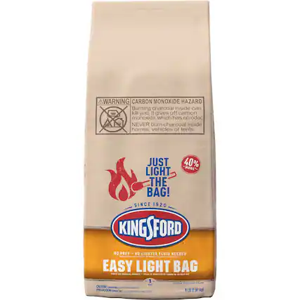 WARNING CARBON MONOXIDE HAZARD
Burning charcoal inside can kill you. It gives off carbon monoxide, which has no odor. NEVER burn charcoal inside homes, vehicles or tents.
JUST 40% LIGHT THE BAG!
SINCE 1920
KINGSFORD
NO PREP - NO LIGHTER FLUID NEEDED
EASY LIGHT BAG
CAUTION: COMBUSTIBLE
PRECAUCIÓN: COMBUSTIBLE