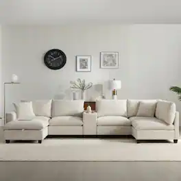 LUCKY ONE - 140" Oversized U-Shaped 6-Seat Modular Corduroy Sectional Sofa w/ Storage Ottoman & Console - Beige