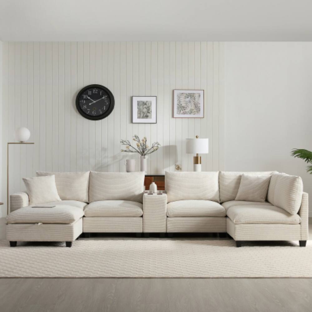 Front. LUCKY ONE - 140" Oversized U-Shaped 6-Seat Modular Corduroy Sectional Sofa w/ Storage Ottoman & Console - Beige.