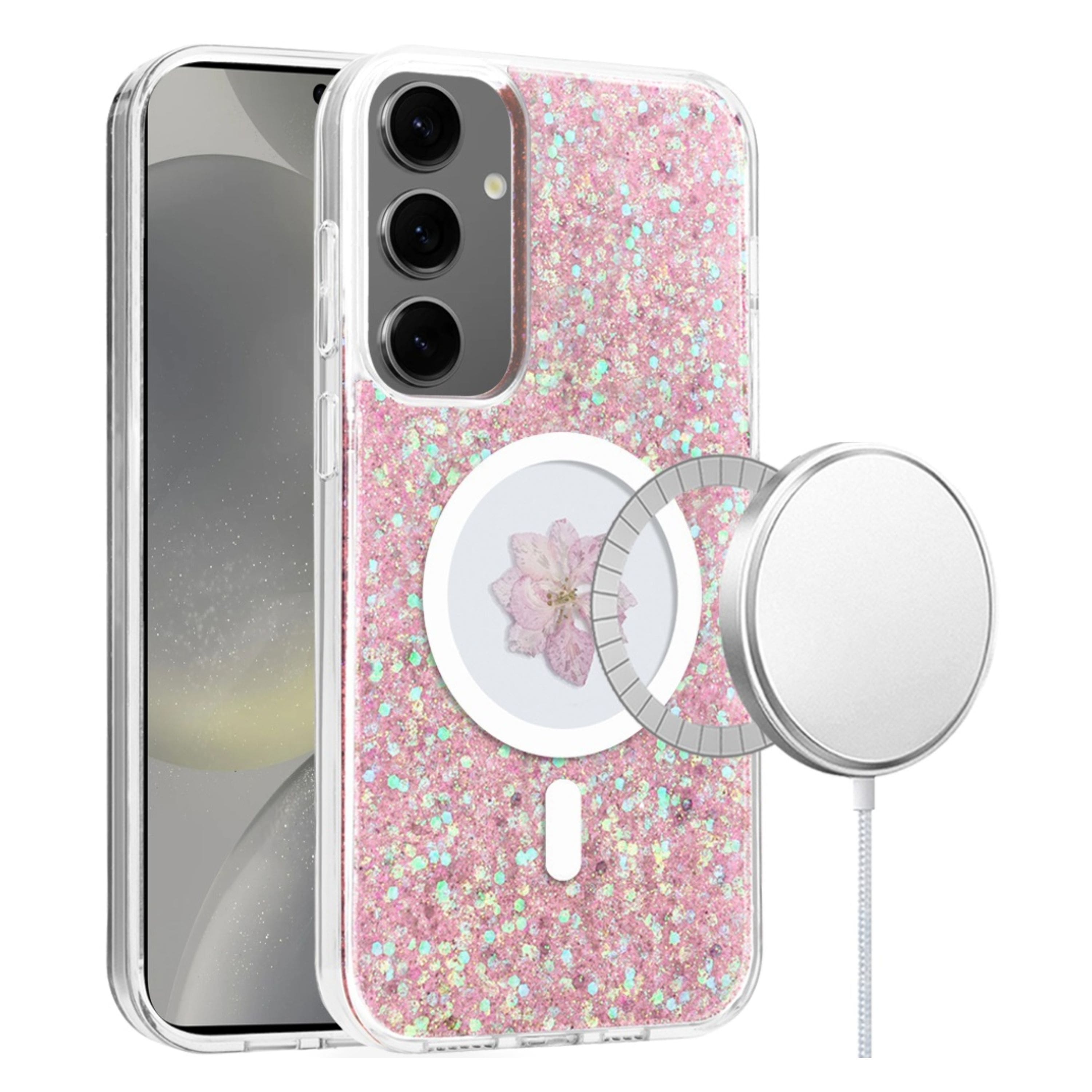Kitcheniva - Epoxy Flower Glitter Design Magnetic Charging Phone Case For Samsung Galaxy S24+ Plus - Rose Gold price history on PriceWatchPro