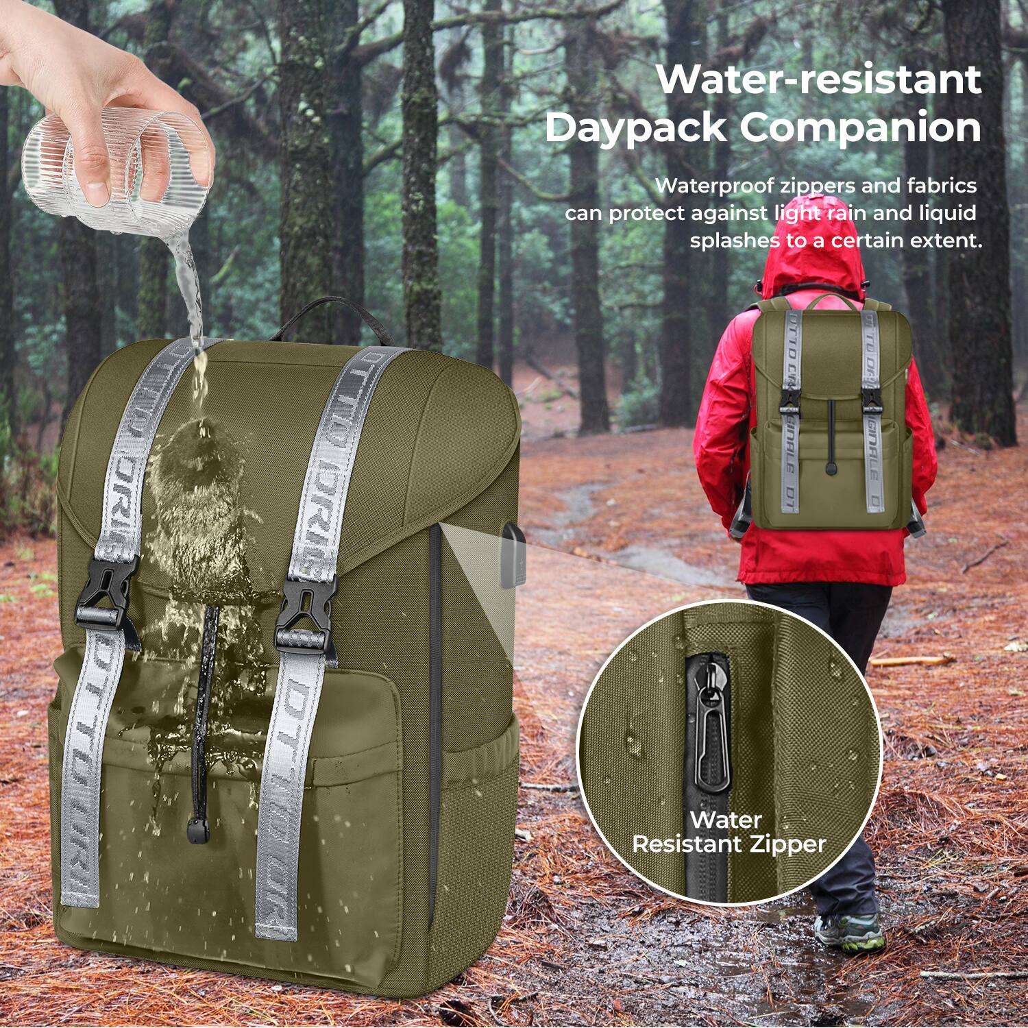 Water-resistant Daypack Companion

Waterproof zippers and fabrics can protect against light rain and liquid splashes to a certain extent.

Water Resistant Zipper