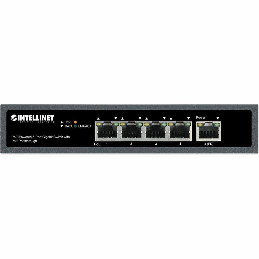 INTELLINET NETWORK SOLUTIONS  
PoE-Powered 5-Port Gigabit Switch with PoE Passthrough  

PoE 1 2 3 4 5 (PD)  

PoE  
DATA  
LINK/ACT  

Power