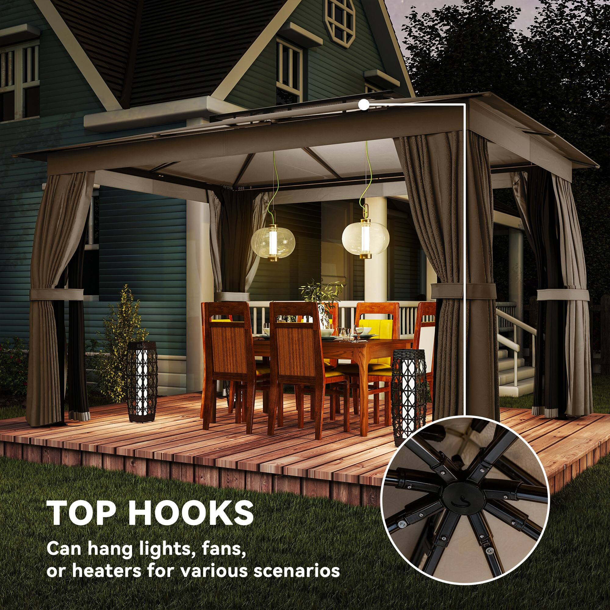 TOP HOOKS  
Can hang lights, fans, or heaters for various scenarios