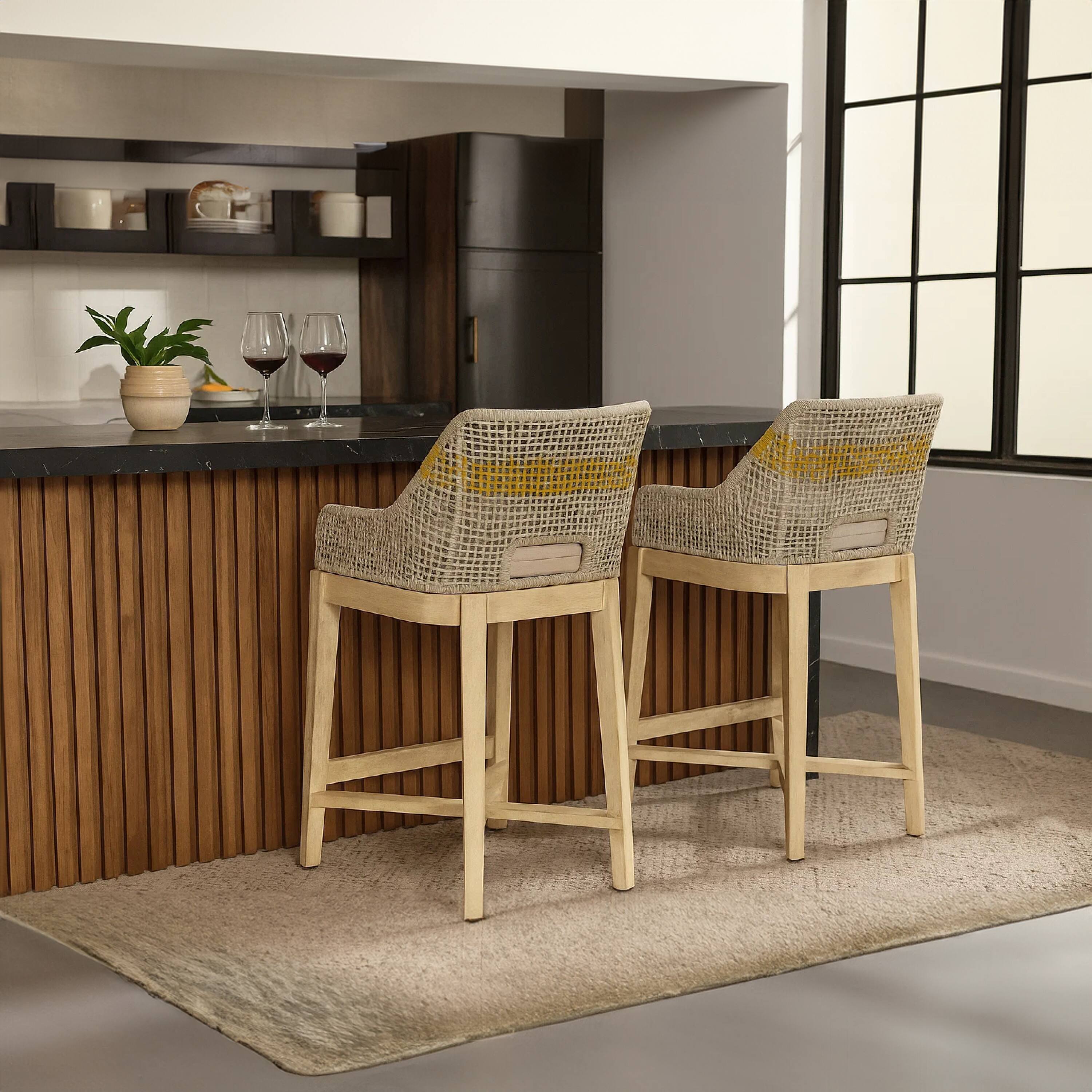 Alt View 10. Manhattan Lane - Avira 30 Inch Set of 2 Barstool Chairs | Handcrafted Mango Wood | Cotton Rope Weaving | Beige Cushion - Natural Brown, Beige.