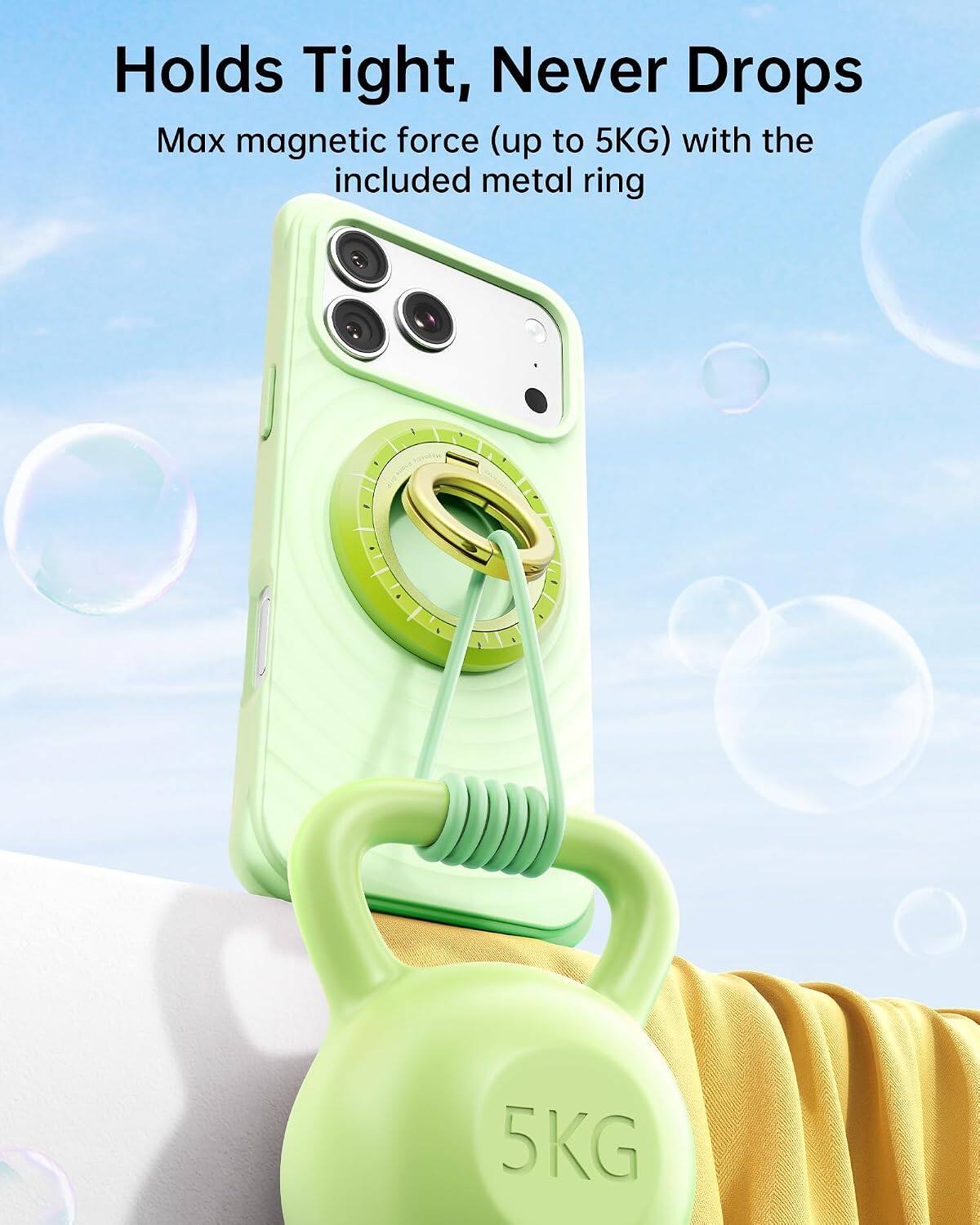 Holds Tight, Never Drops  
Max magnetic force (up to 5KG) with the included metal ring