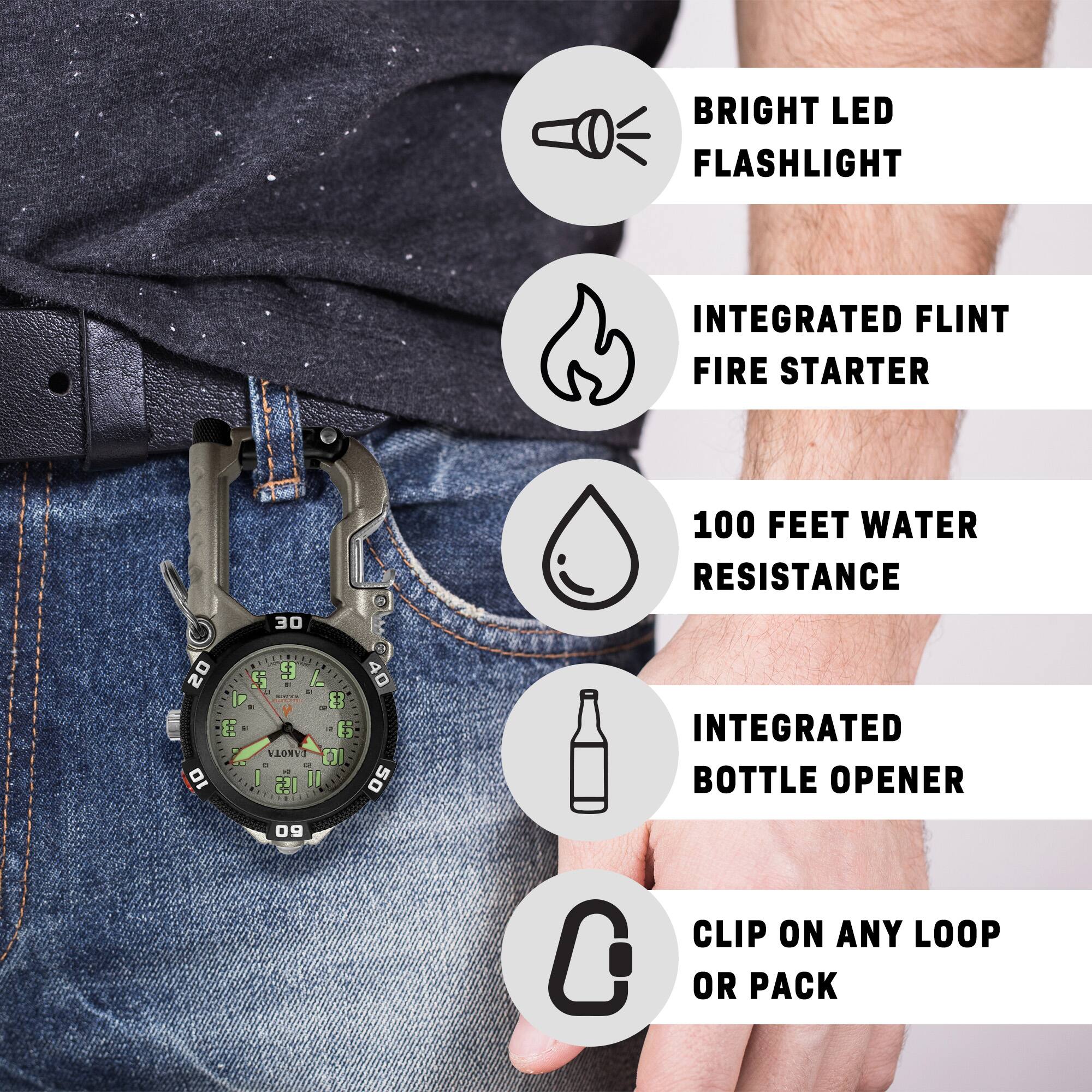 BRIGHT LED FLASHLIGHT  
INTEGRATED FLINT FIRE STARTER  
100 FEET WATER RESISTANCE  
INTEGRATED BOTTLE OPENER  
CLIP ON ANY LOOP OR PACK