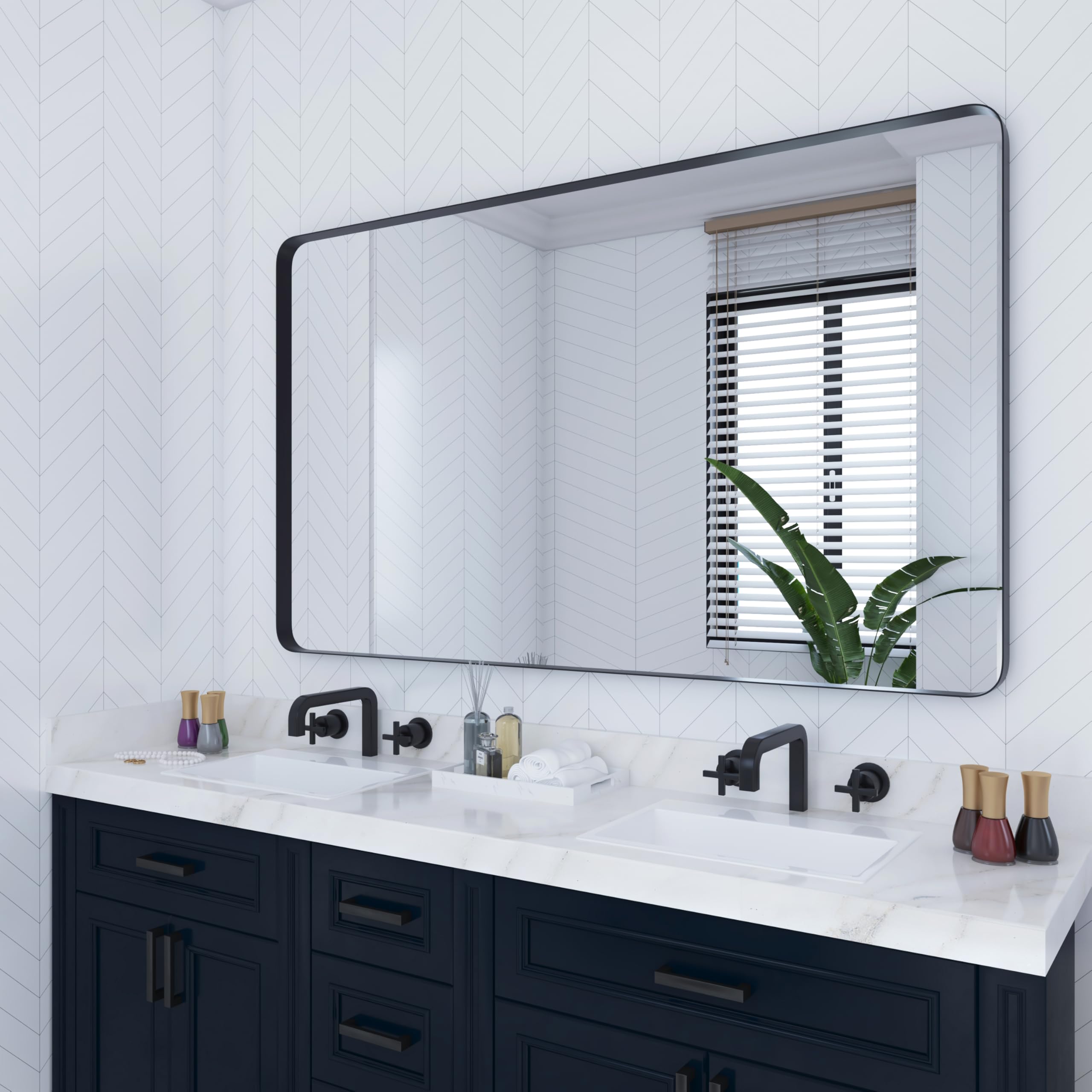 Front. VEGA AUTOMOTIVE - Metal Framed Bathroom Mirror For Wall 16 X Rounded Rectangle Matte Vanity Farmhouse 1 4 inch Shatterproof G - Black 48"L x 32"W.
