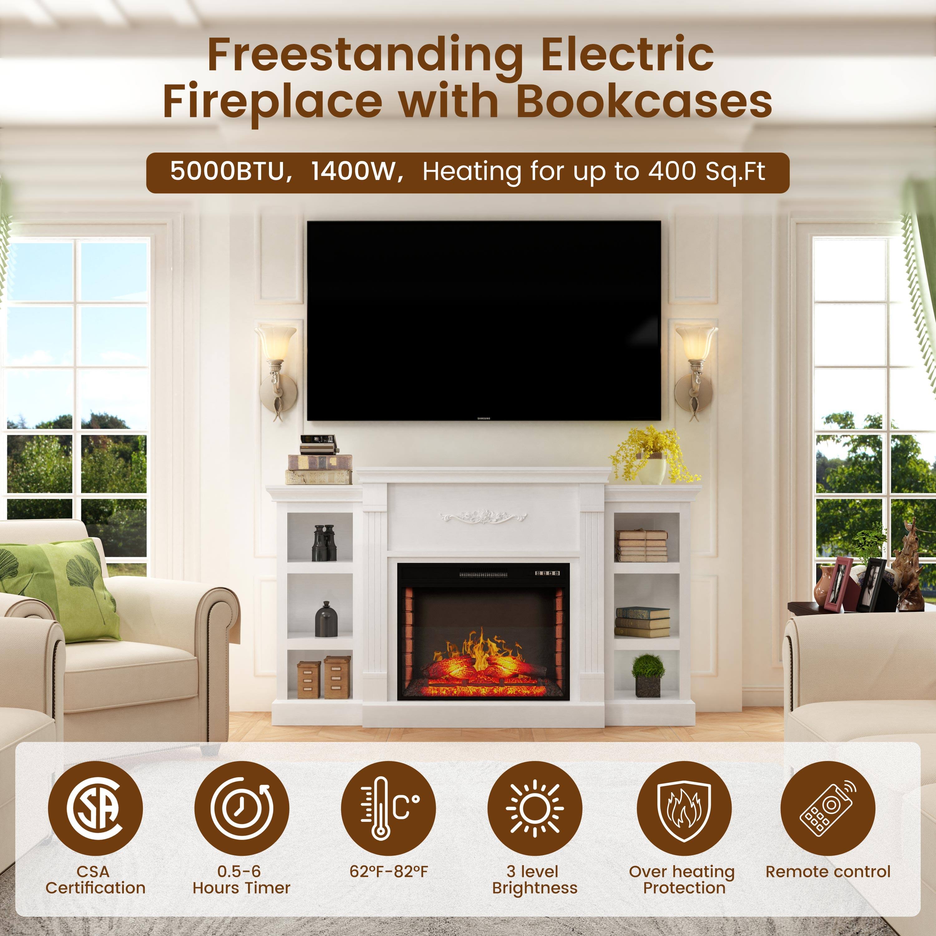 Freestanding Electric Fireplace with Bookcases  
5000BTU, 1400W, Heating for up to 400 Sq.Ft  

CSA Certification  
0.5-6 Hours Timer  
62°F-82°F  
3 Level Brightness  
Overheating Protection  
Remote Control