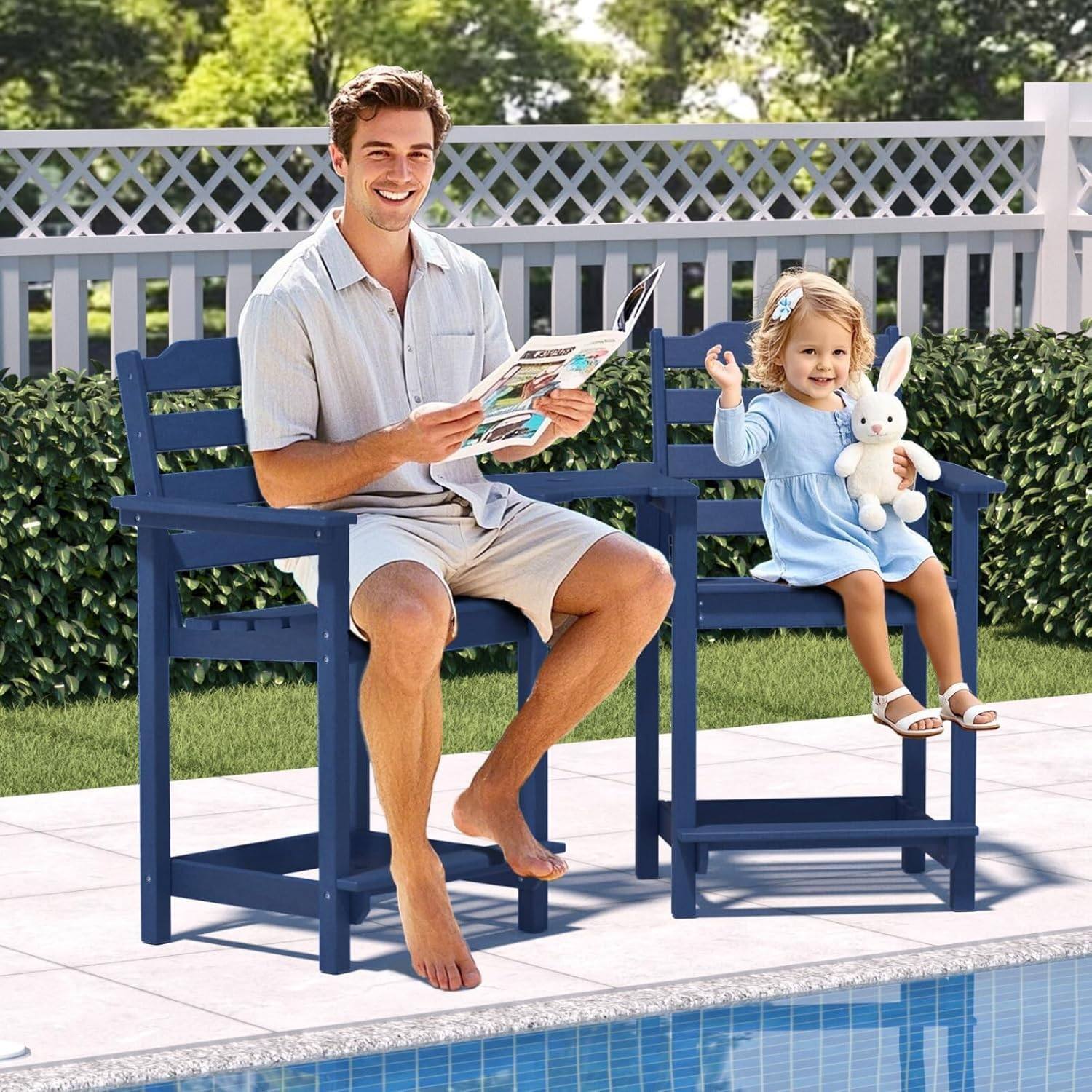 Left. Decksplore - 2-Pack HDPE Tall Chairs with Connecting Tray & Patio Footrest All-Weather Outdoor Use - Dark Blue.