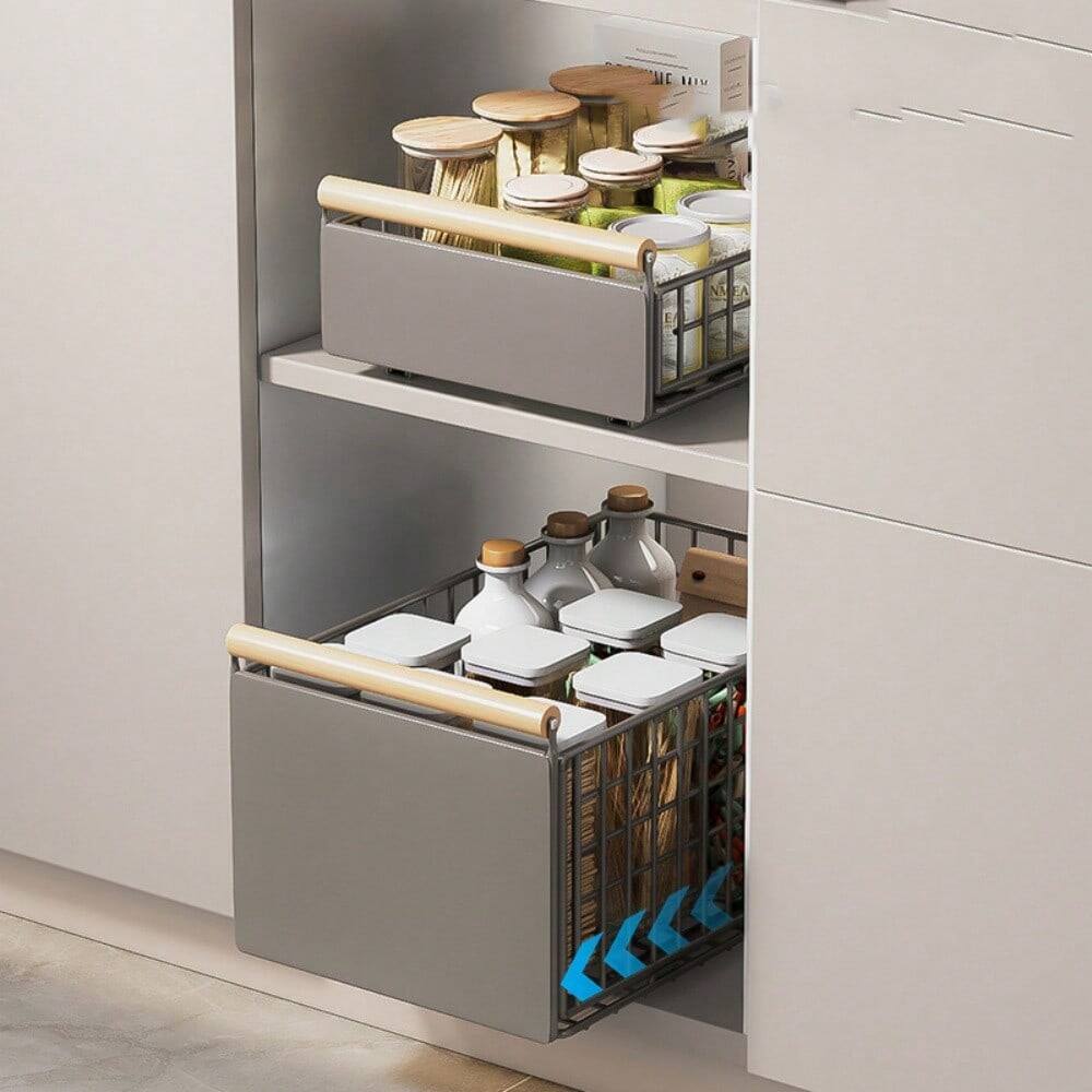 Angle. GARVEE - 1PCS Carbon Steel Home Kitchen Sink Rack, Pull-Out Multifunctional Storage Rack, Punch-Free Cabinet Drawer Basket - Grey.