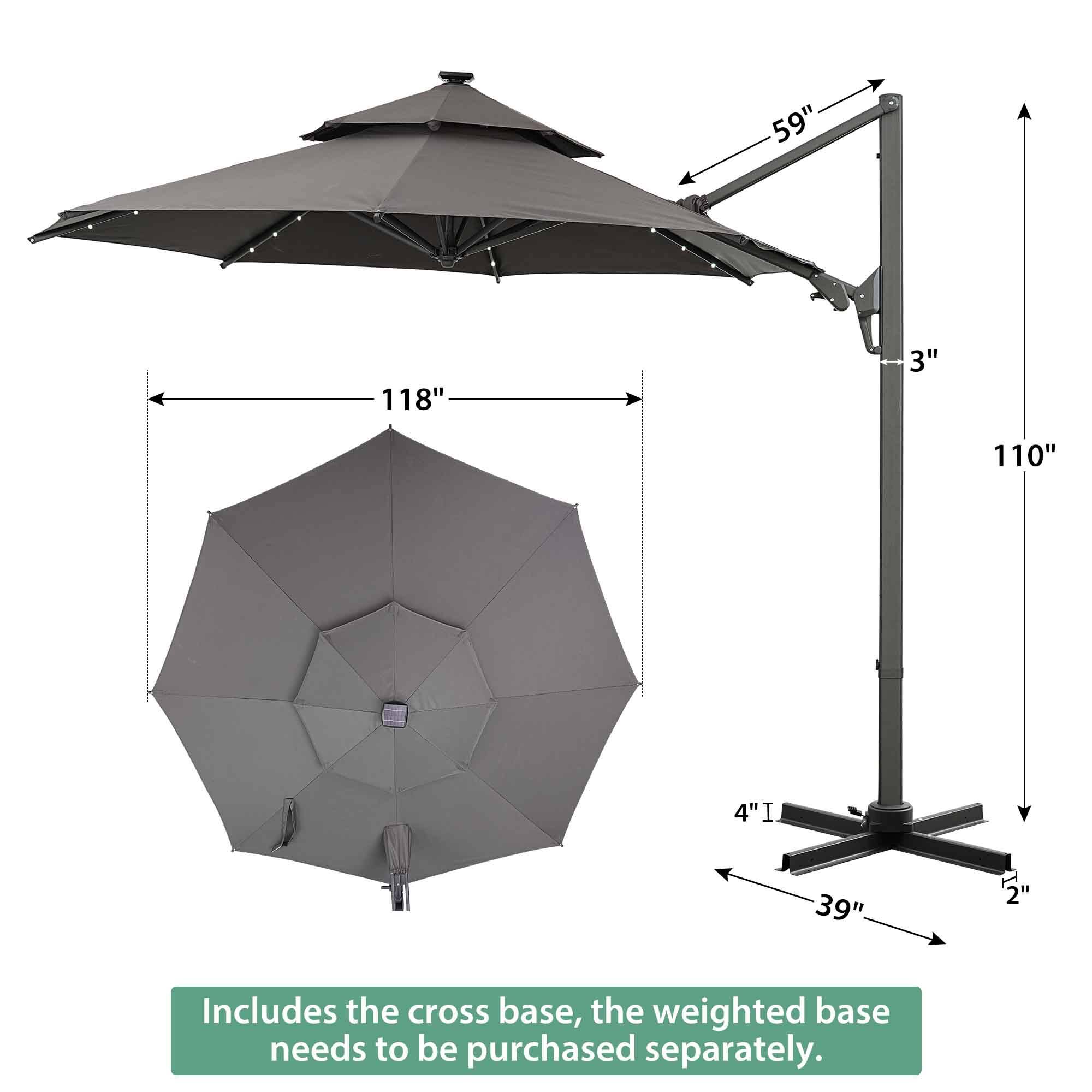 59" 118" 3" 110" 4" 39"  
Includes the cross base, the weighted base needs to be purchased separately.