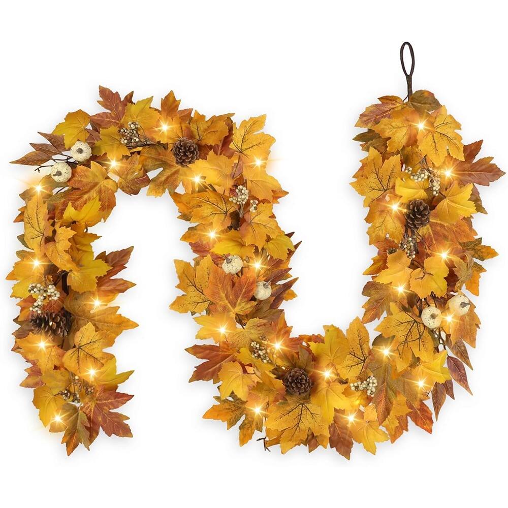 PARKER SLATER - Fall Garland with Lights, 6FT Autumn Leaves Garland with Pinecones & Berries - Fall Orange