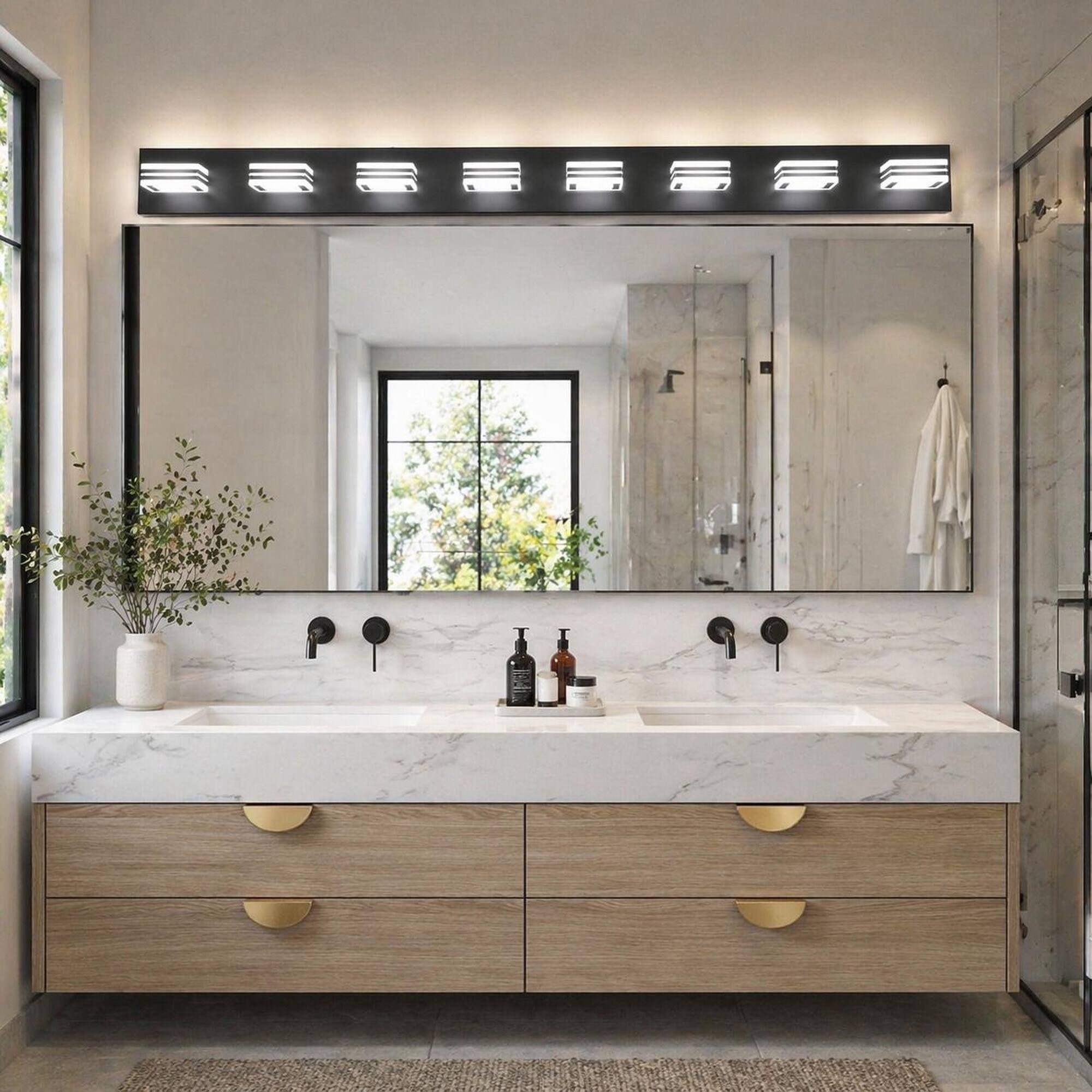 Angle. RYHNUYNE - Black 8‑Light LED Vanity Light,Modern Bathroom Wall Light Fixture, Over Mirror Bath Vanity Lighting for Bathroom - Black.