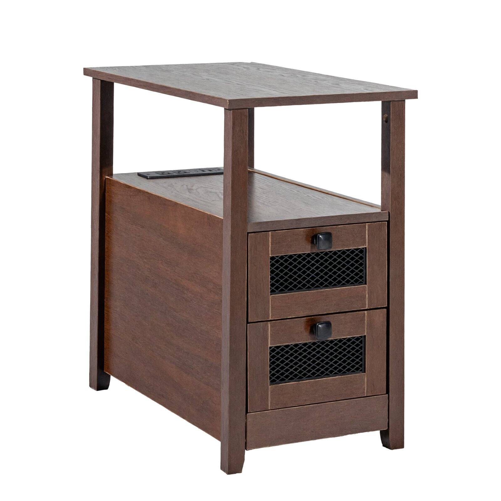 Alt View 8. Glintex - Farmhouse End Table with Charging Station, 4-Tier Storage Side Table with Drawers and Outlets for Bedroom - Brown.