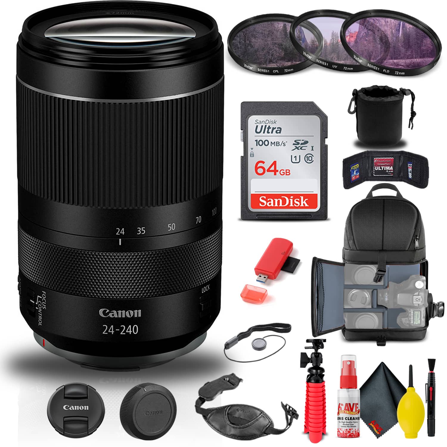 Canon - RF 24-240mm f/4-6.3 IS USM Lens (3684C002) + Filter Kit + BackPack + More - Black