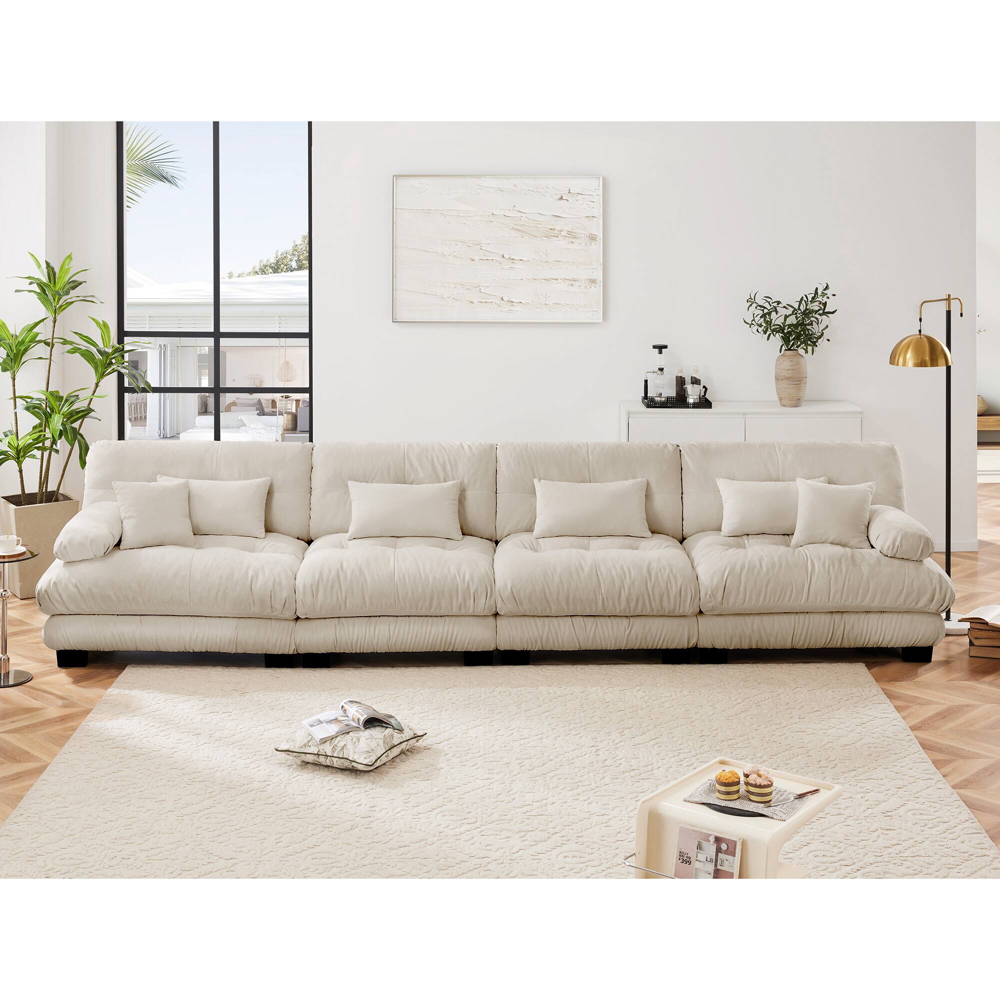 Left. LOVMOR - 4 Seater Chenille Modular Sectional Couch Deep Seat Compressed Pack For Living Room Apartment Office Plush Den - Light Coffee.