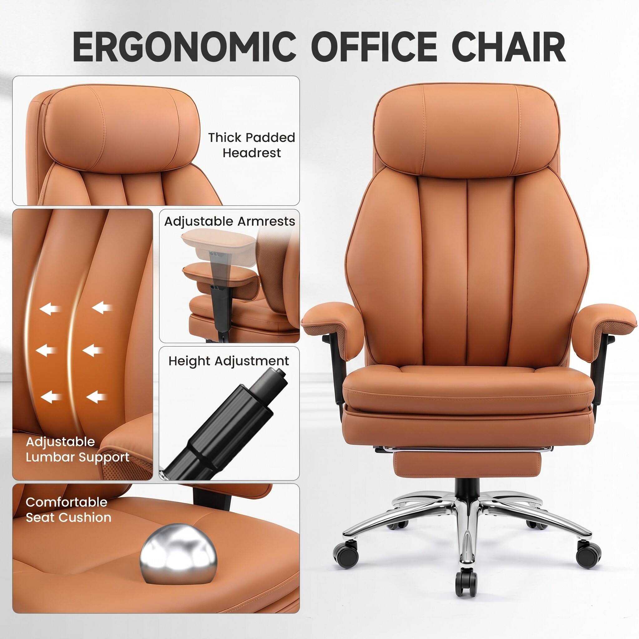 ERGONOMIC OFFICE CHAIR

- Thick Padded Headrest
- Adjustable Armrests
- Height Adjustment
- Adjustable Lumbar Support
- Comfortable Seat Cushion